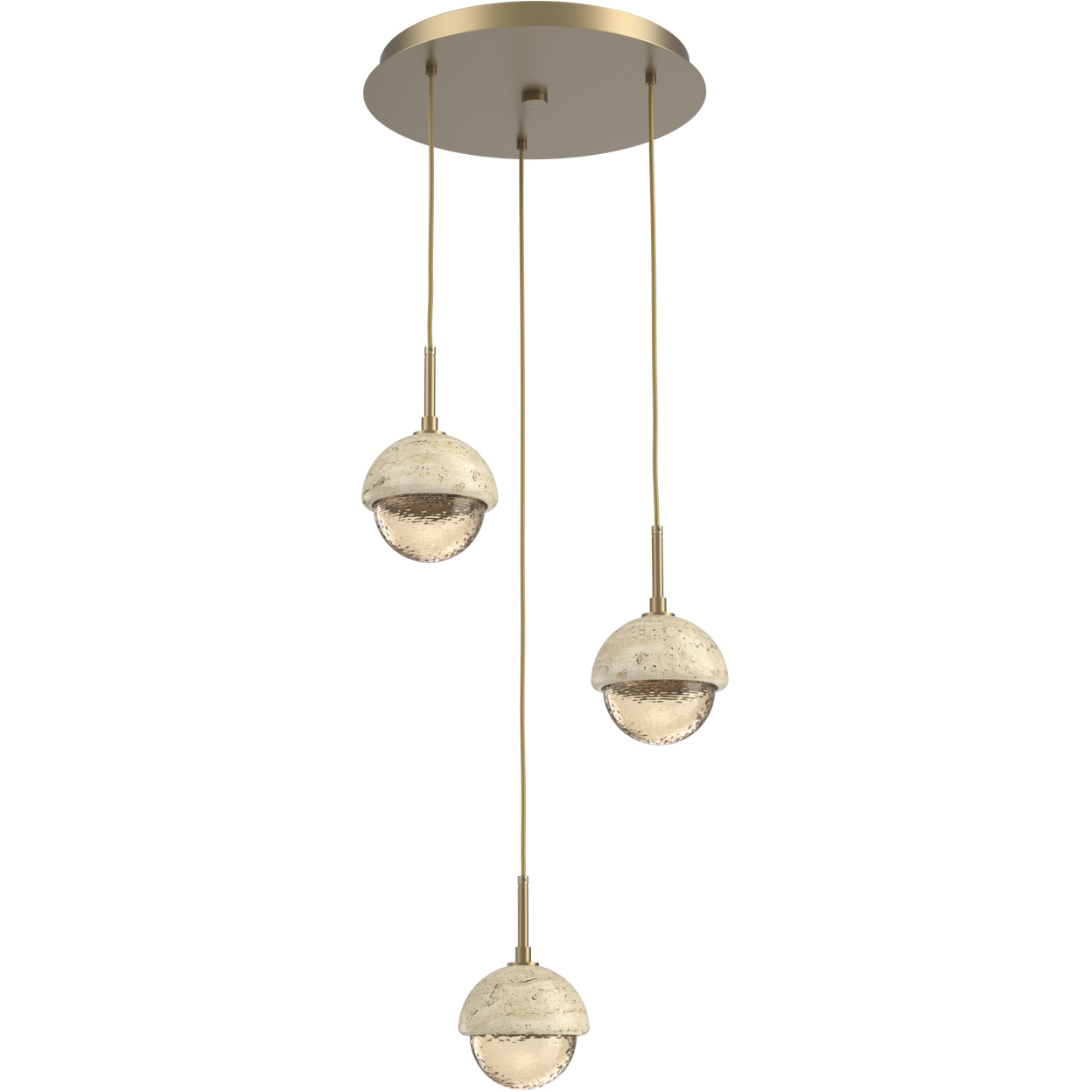 Cabochon LED Gilded Brass with Travertine Stone Pendant Chandelier Ceiling Light in Amber, 2700K LED