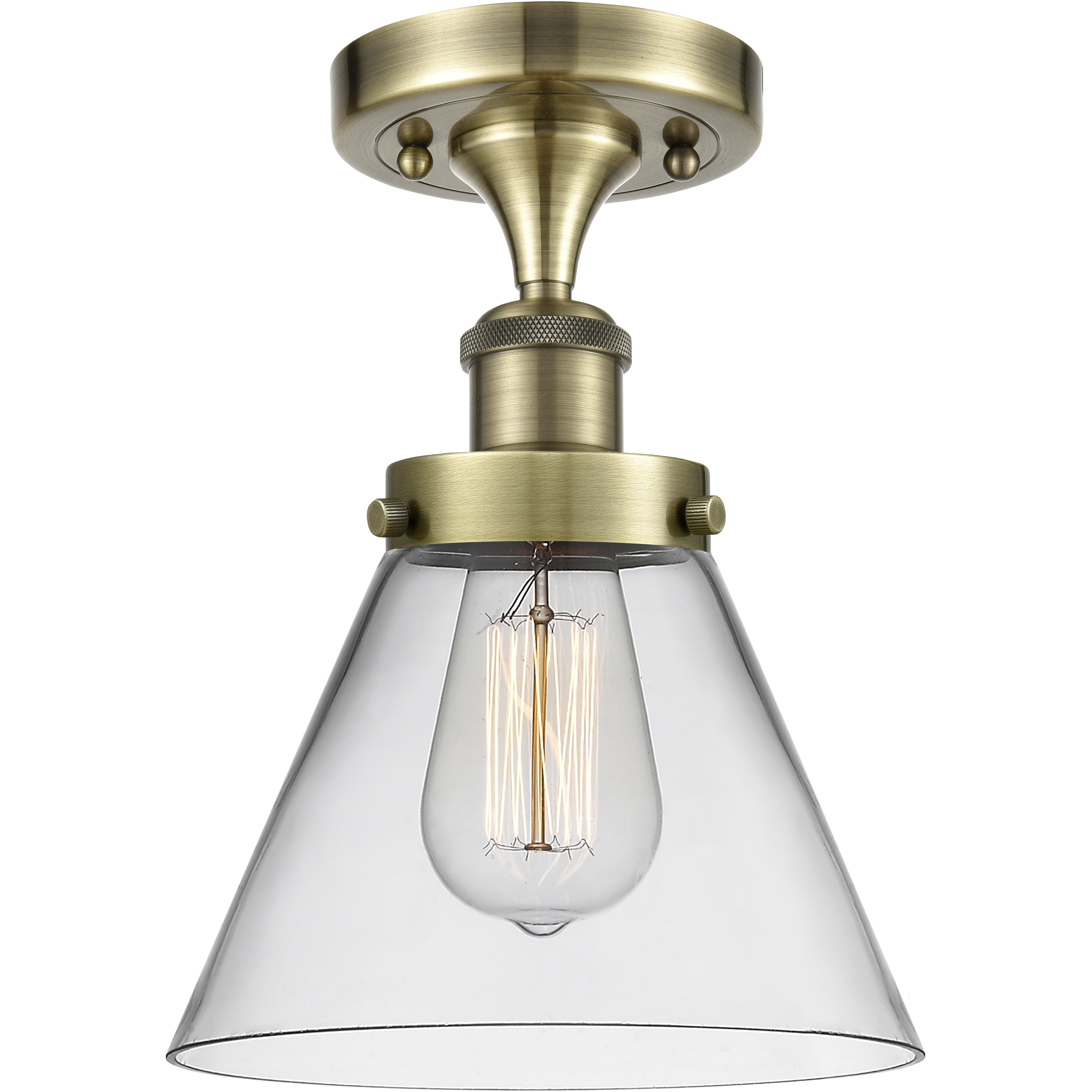 Cone 1 Light 7.75 inch Antique Brass Semi-Flush Mount Ceiling Light in Clear Glass, 9.75