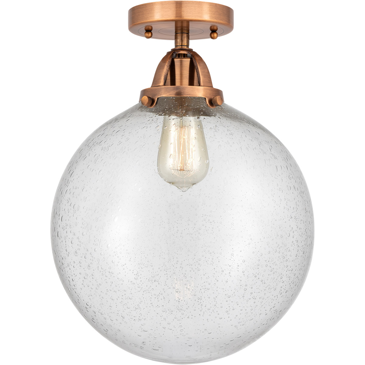 Nouveau 2 Beacon 1 Light 12 inch Antique Copper Semi-Flush Mount Ceiling Light in Seedy Glass