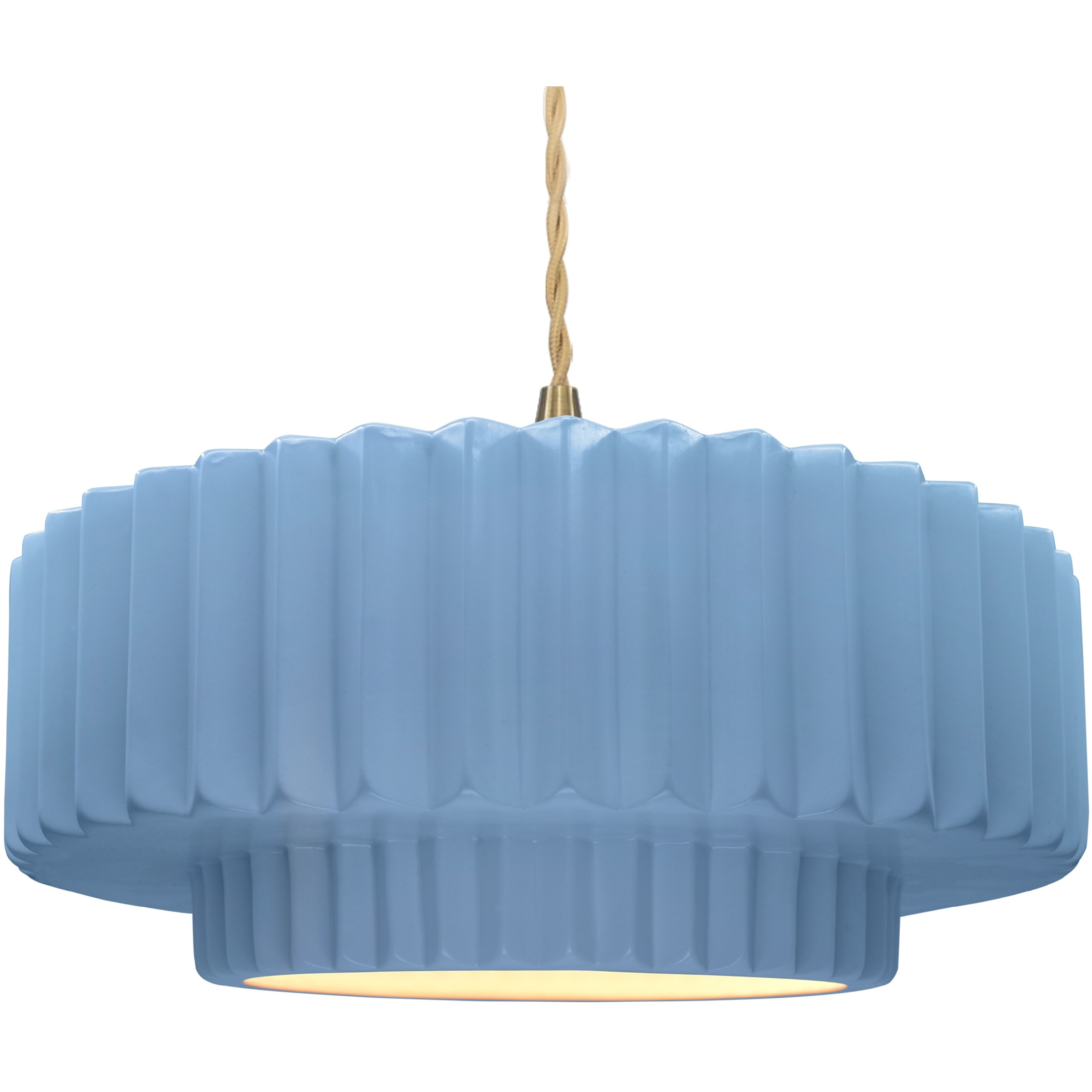 Radiance Collection - Pleated Tier Pendant Ceiling Light in Brushed Brass, Dedicated LED, Beige Twist Cord, Sky Blue, 16.25W x 6H, Form+Finish+Function