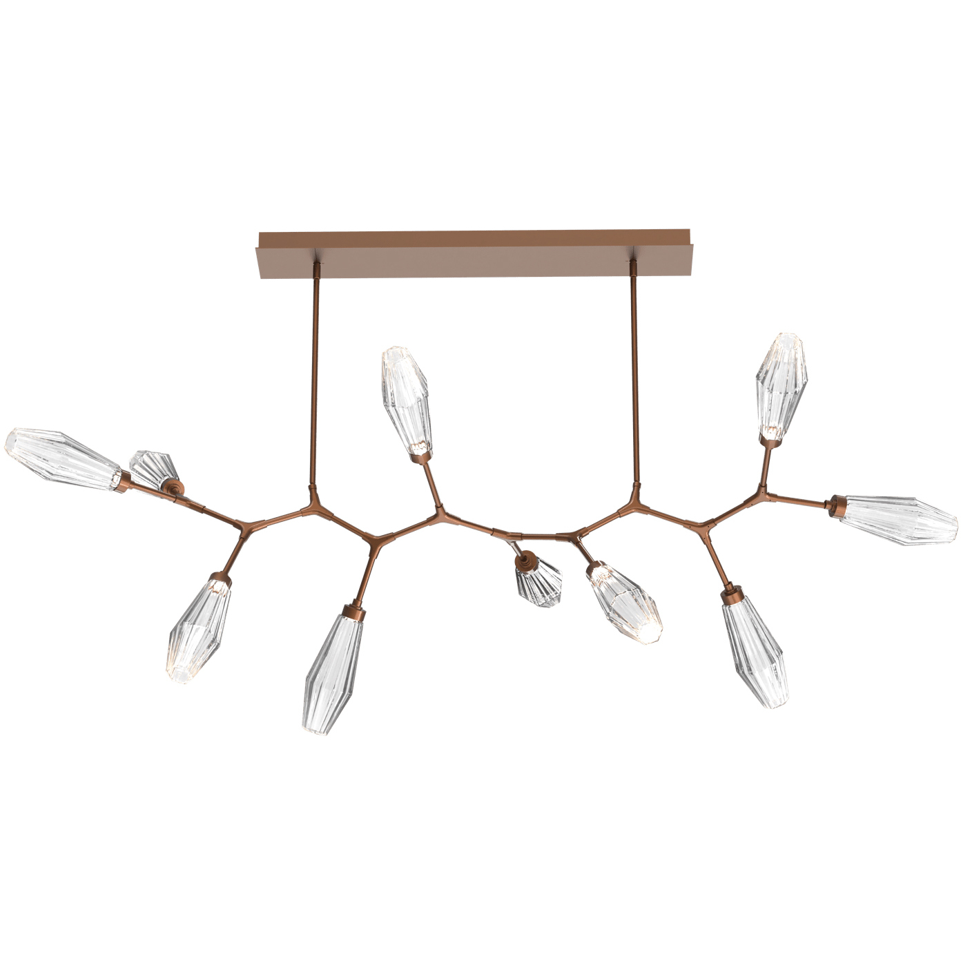 Aalto LED Burnished Bronze Linear Pendant Ceiling Light in Optic Rib Clear, 2700K LED, Branch
