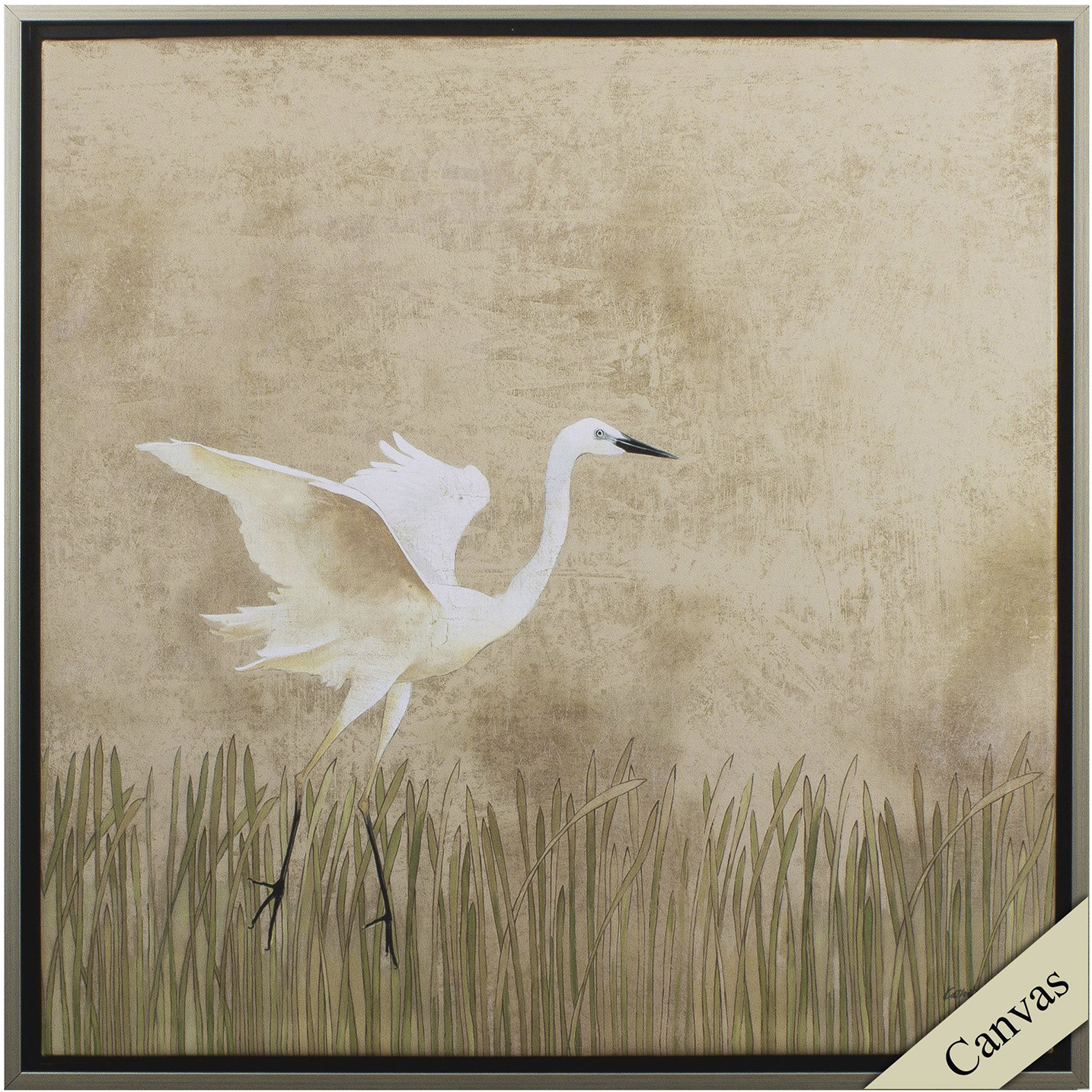 Egret Alighting Neutral and Green and Brown Canvas, Propac