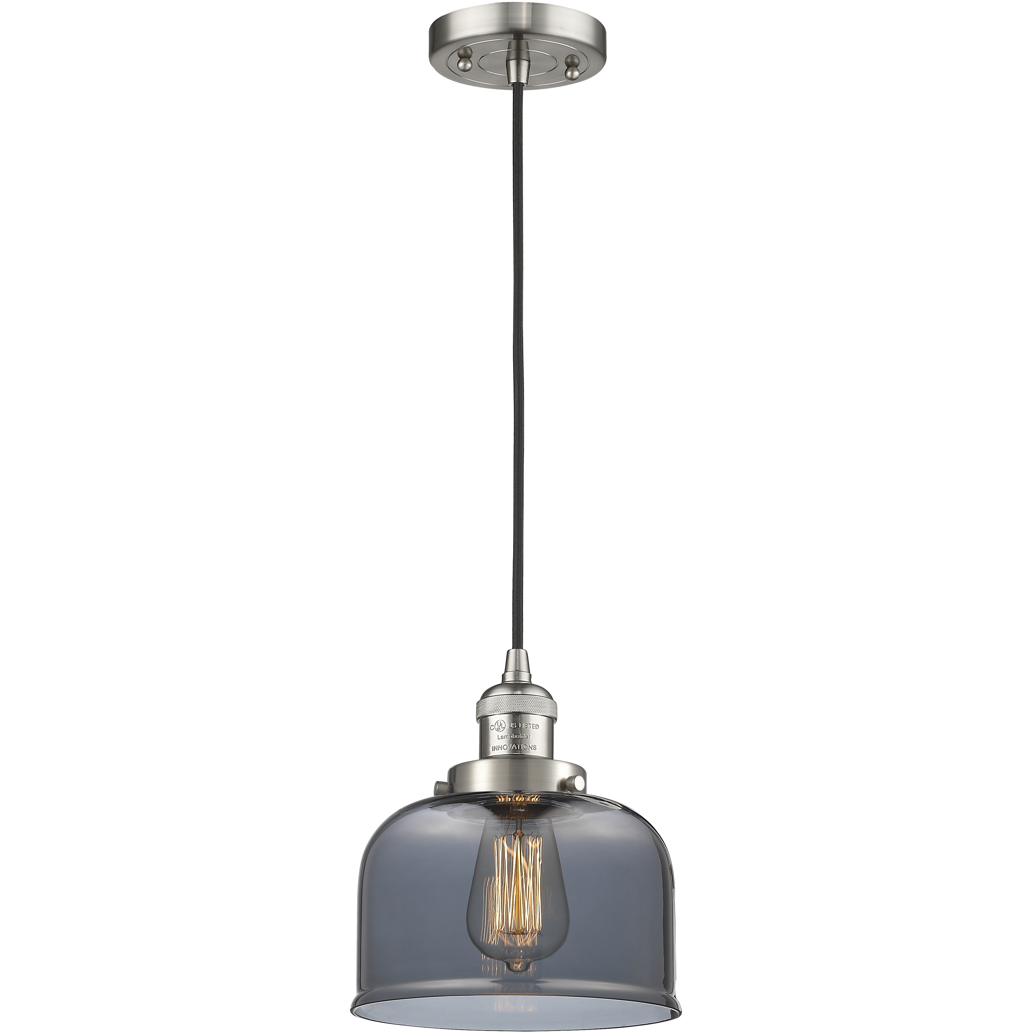 Franklin Restoration Bell LED 8 inch Brushed Satin Nickel Mini Pendant Ceiling Light in Light Smoke Glass, Franklin Restoration