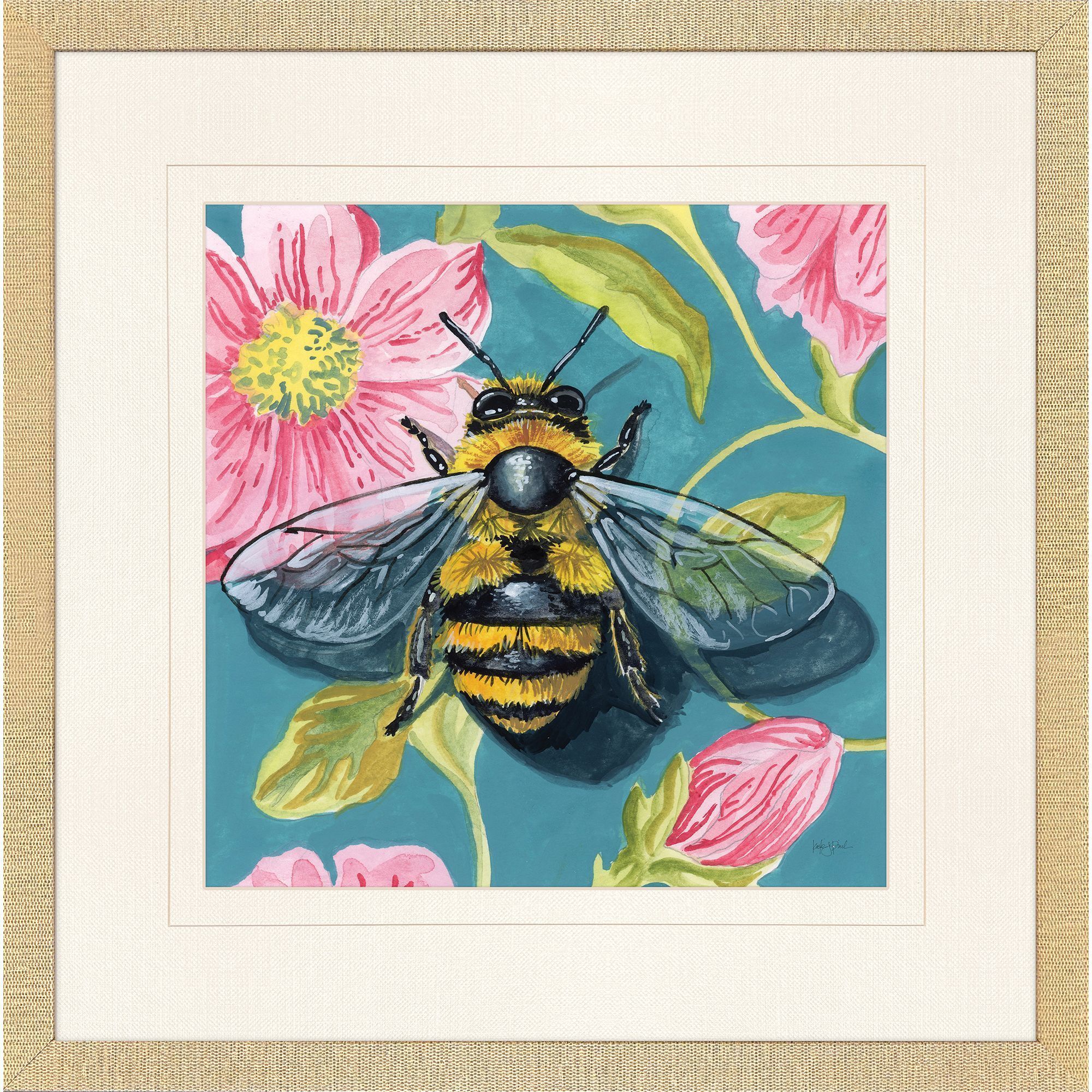 Bee on Wall / Dragonfly on Wall Pink and Green and Turquoise and Yellow Framed Art, Propac
