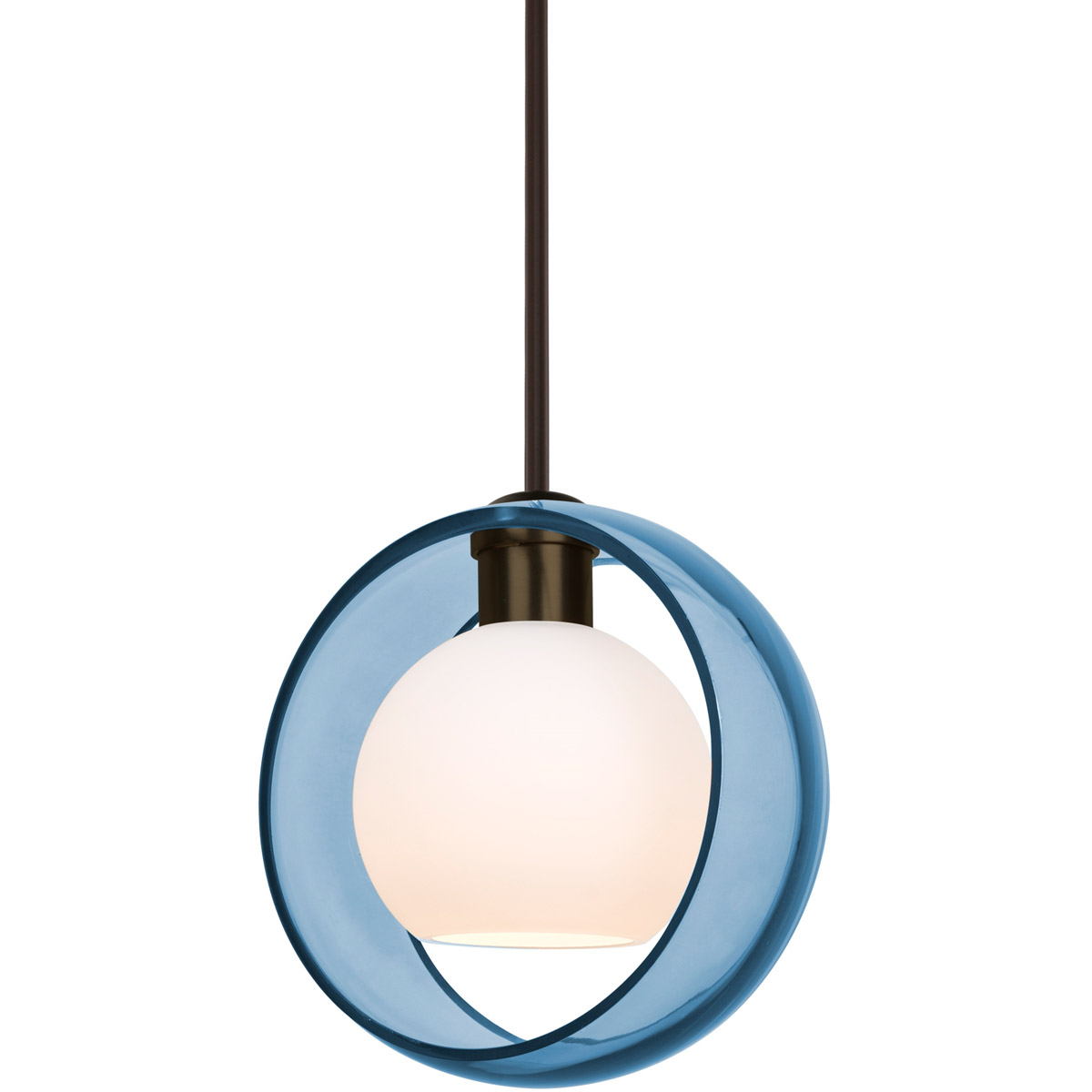 Mana LED Bronze Stem Pendant Ceiling Light in Transparent Blue with Opal Glass