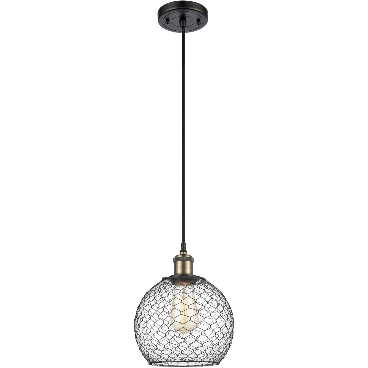 Ballston Farmhouse Chicken Wire 1 Light 8 inch Black Antique Brass Mini Pendant Ceiling Light, Ballston