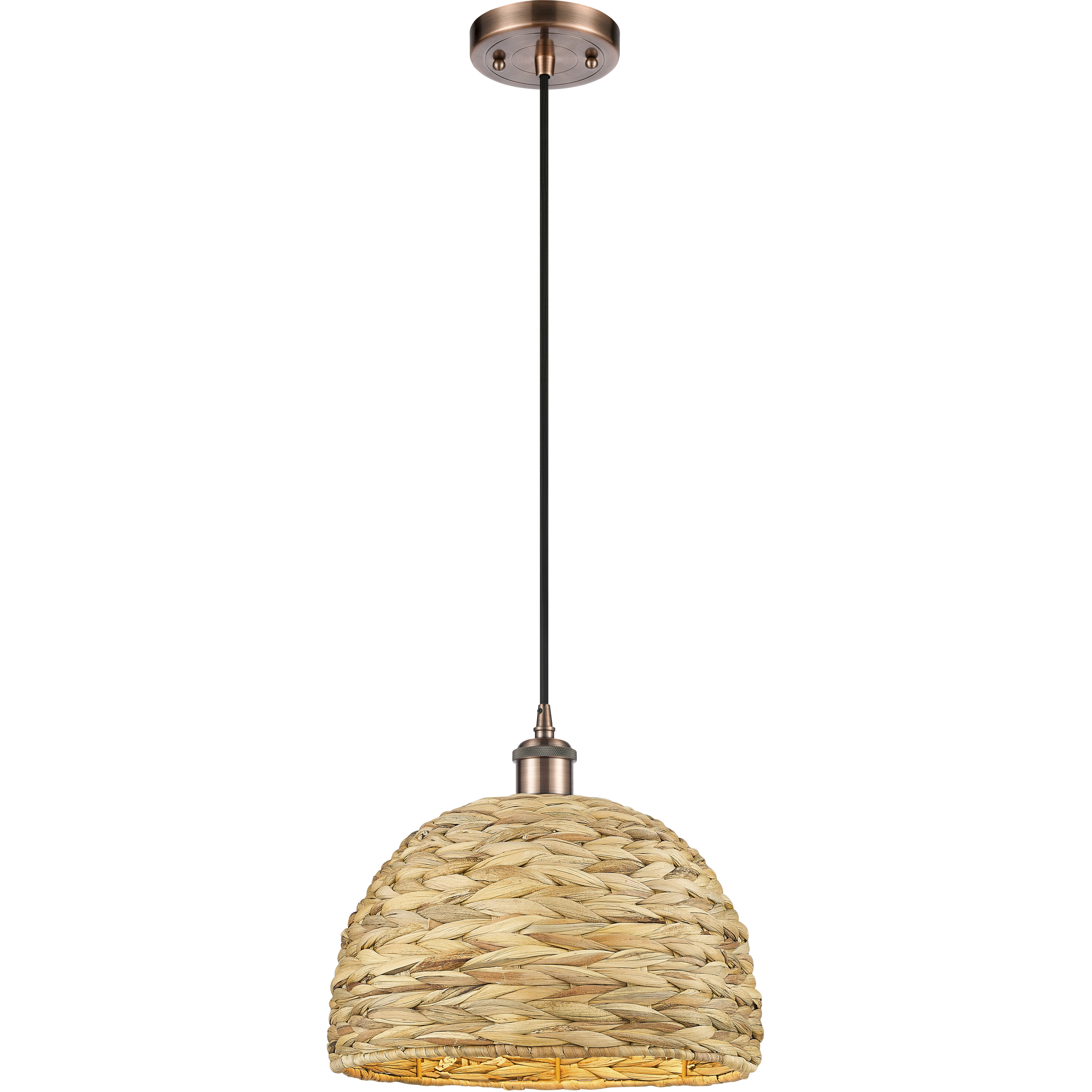 Woven Rattan 1 Light 12 inch Antique Copper Pendant Ceiling Light