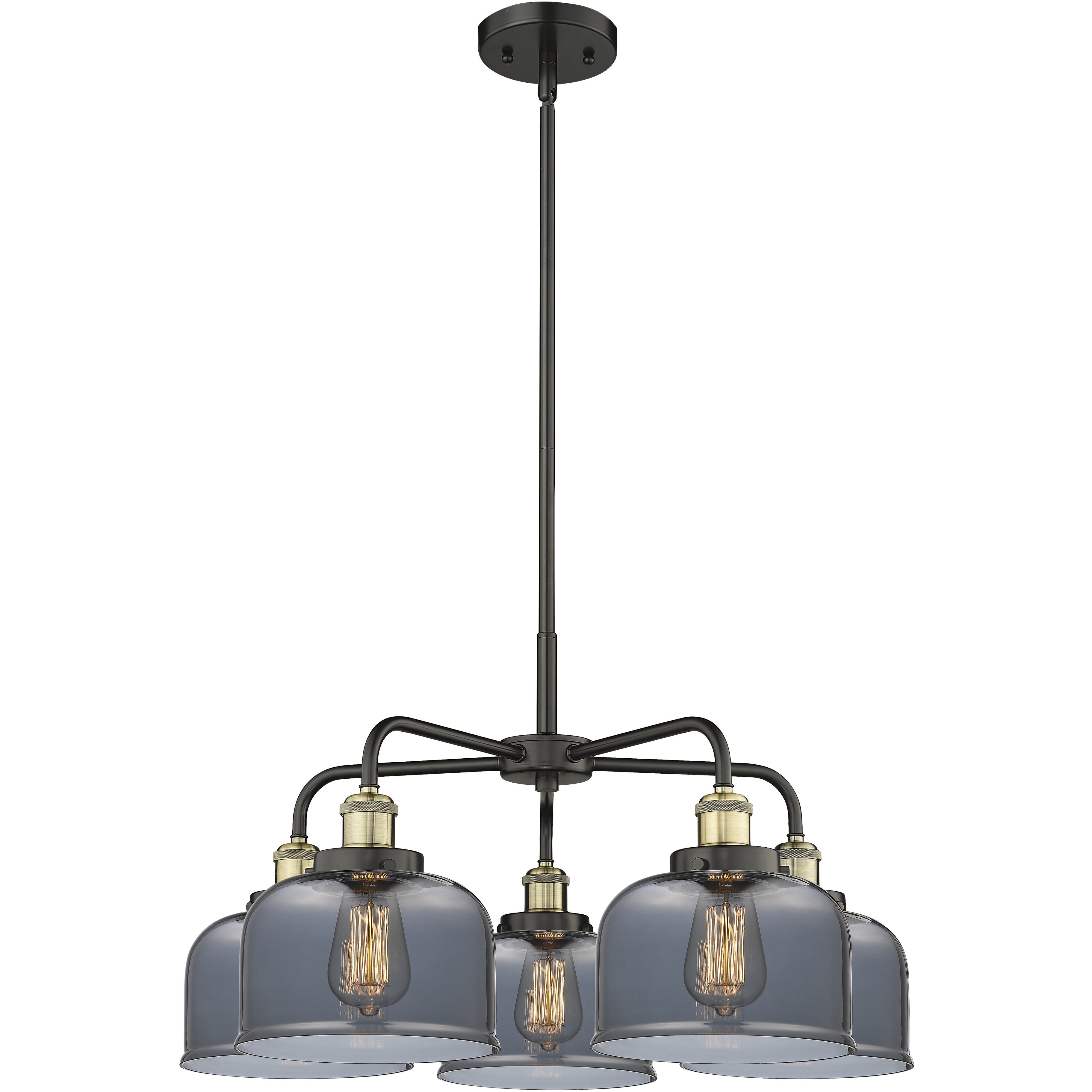 Bell 5 Light 26 inch Black Antique Brass Chandelier Ceiling Light in Plated Smoke Glass
