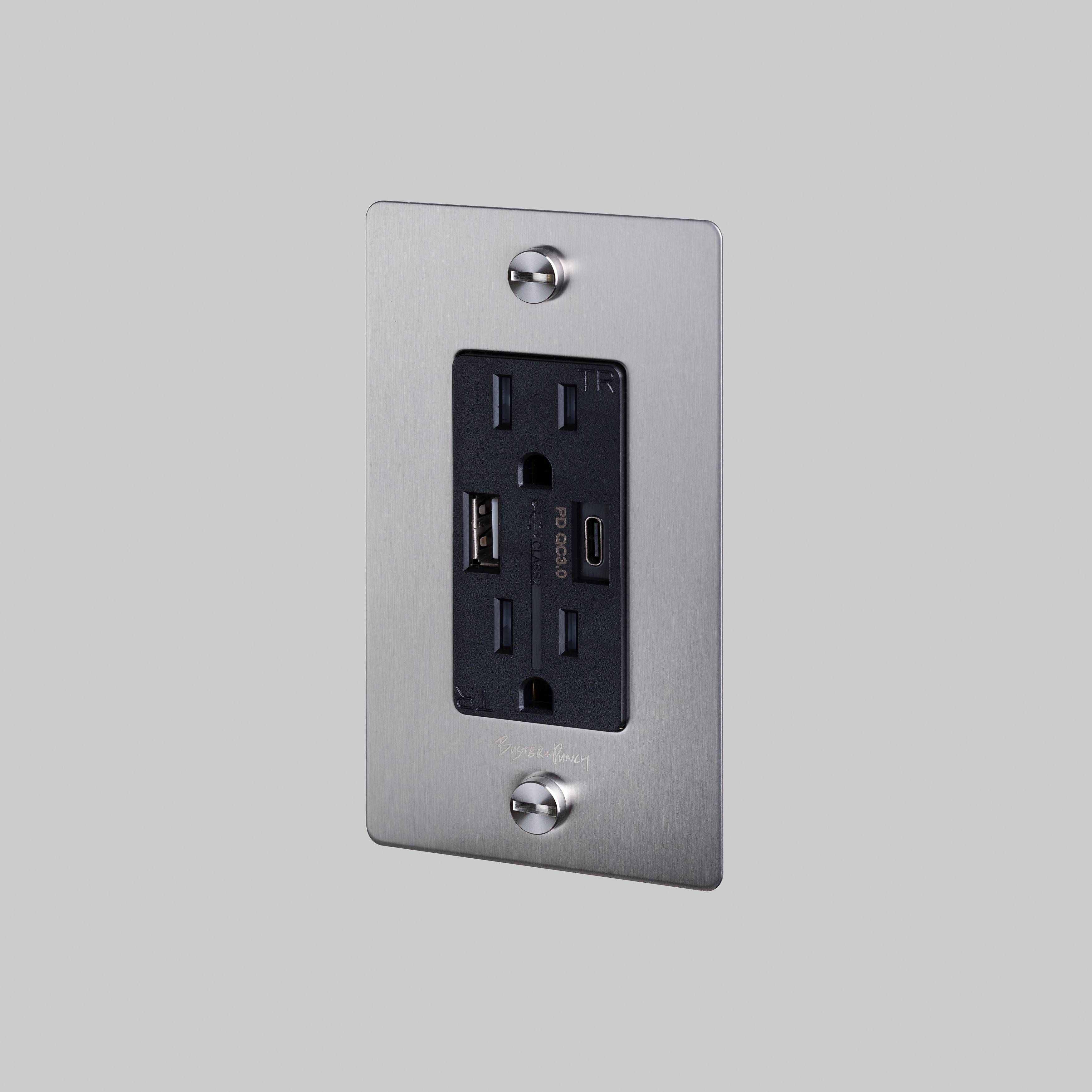 1G Duplex 125 Steel Outlet, USB A + C