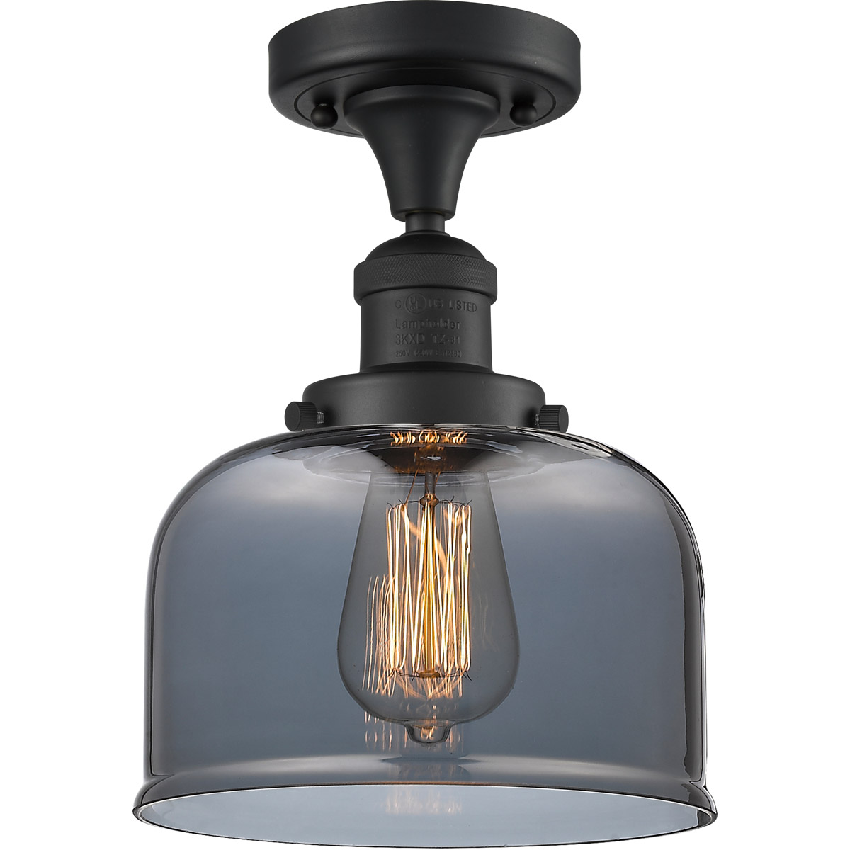 Franklin Restoration Large Bell LED 8 inch Matte Black Semi-Flush Mount Ceiling Light in Plated Smoke Glass, Franklin Restoration