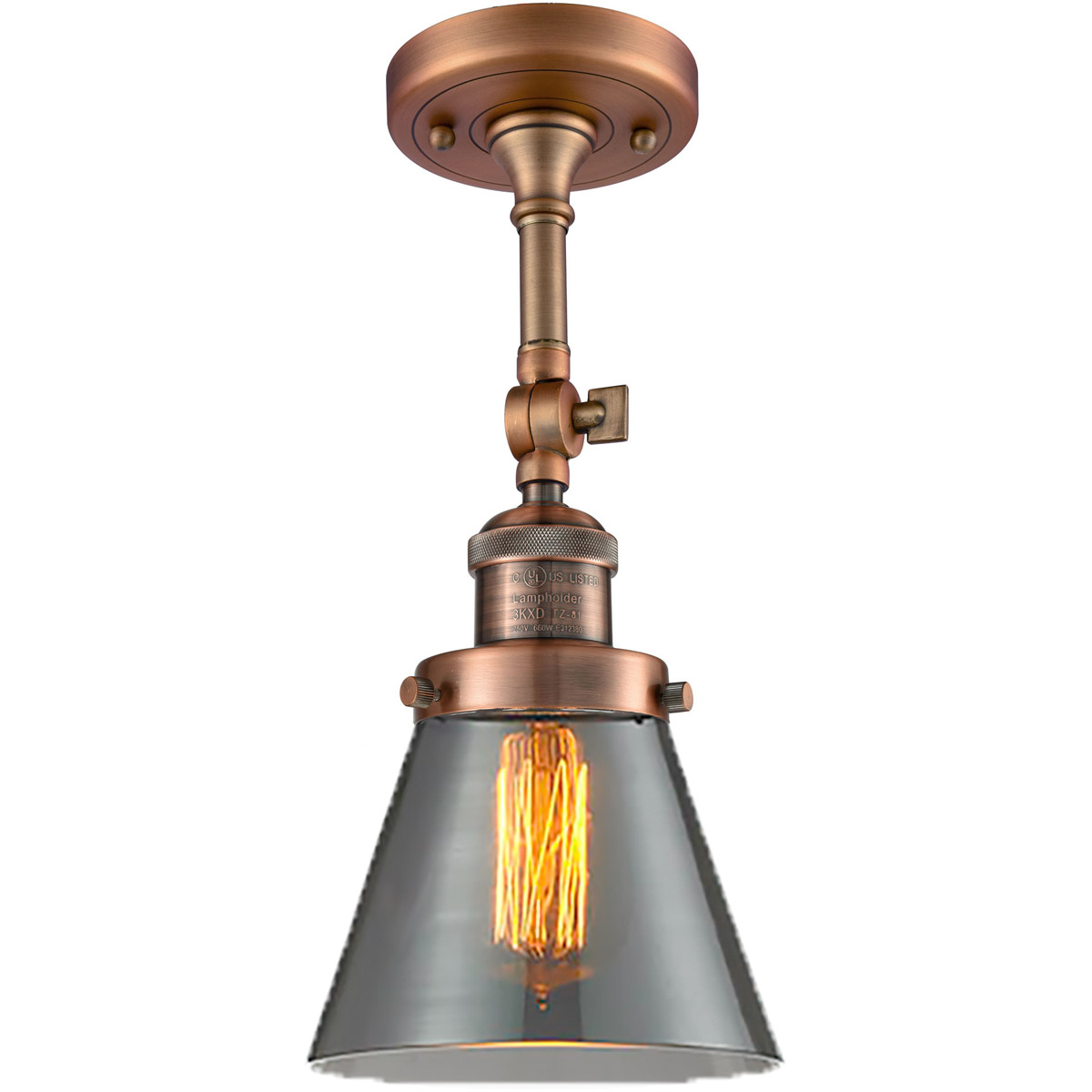 Franklin Restoration Small Cone LED 6 inch Antique Copper Semi-Flush Mount Ceiling Light in Plated Smoke Glass, Franklin Restoration