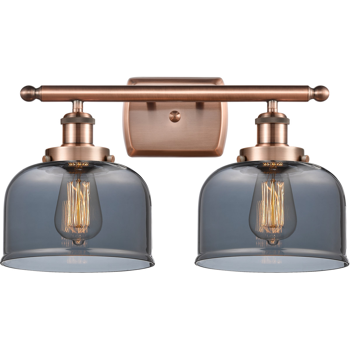 Ballston Large Bell 2 Light 16 inch Antique Copper Bath Vanity Light Wall Light in Light Smoke Glass