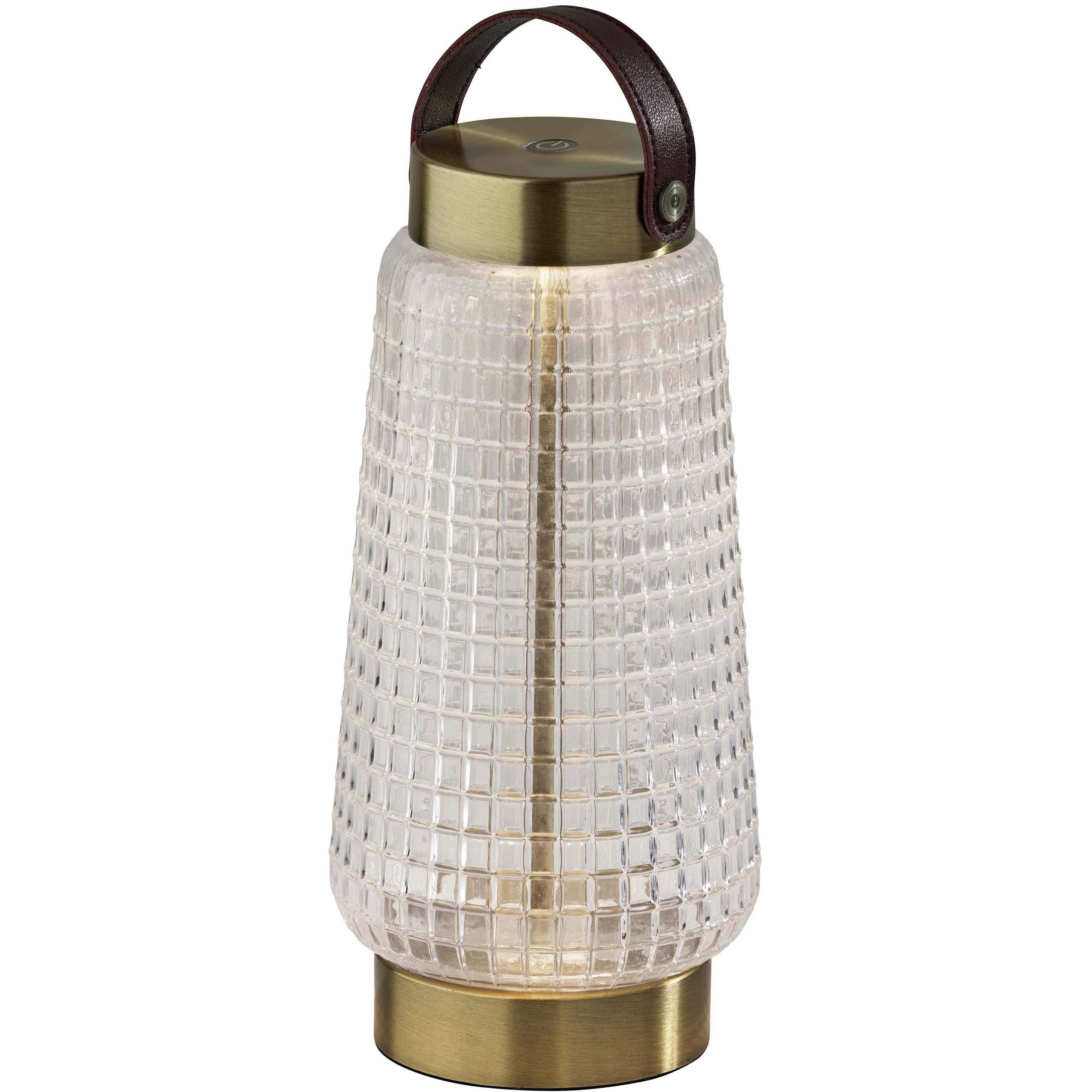 Samara 10.63 inch 2 watt Antique Brass and Brown Leather Cordless LED Table Lantern Portable Light, Tall