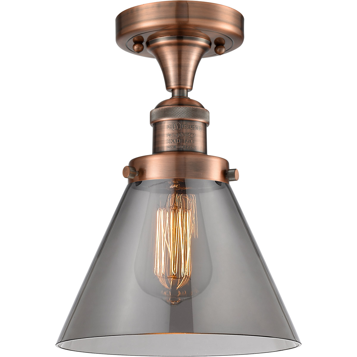 Franklin Restoration Large Cone LED 8 inch Antique Copper Semi-Flush Mount Ceiling Light in Plated Smoke Glass, Franklin Restoration