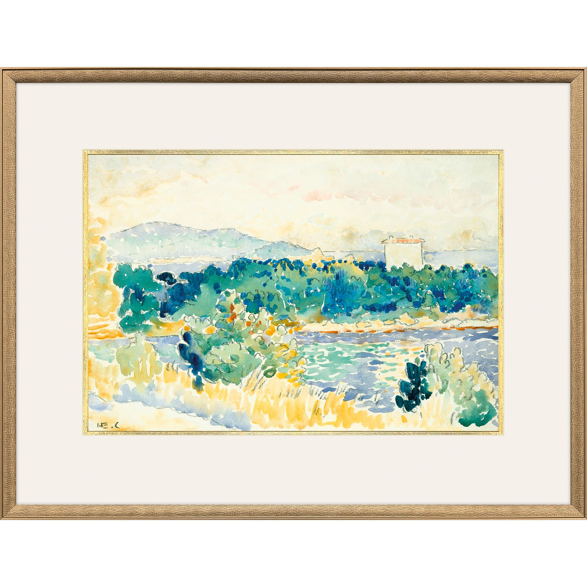 Mediterranean Landscape Yellow and Blue and Green Framed Art