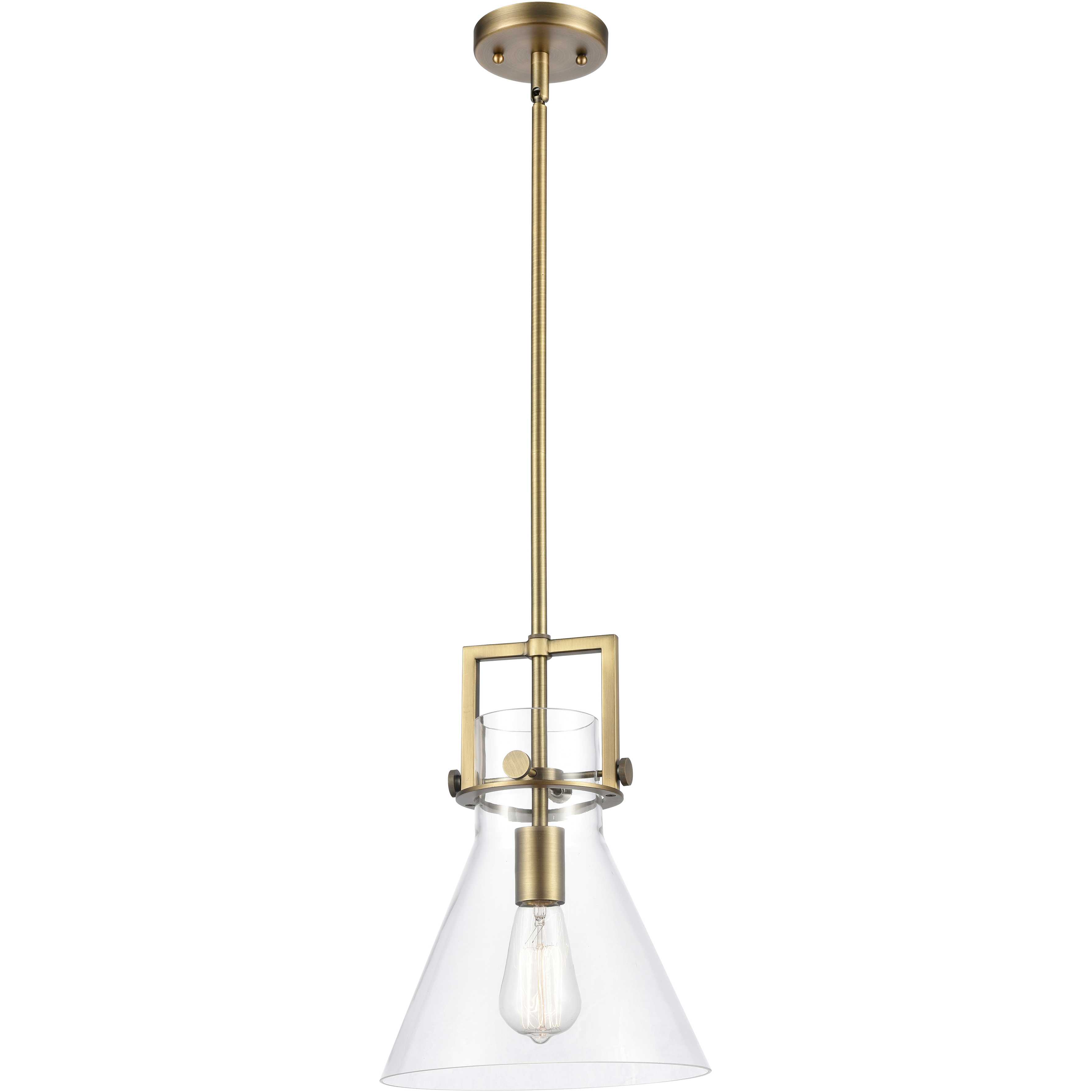 Newton Cone 1 Light 10 inch Brushed Brass Pendant Ceiling Light in Clear Glass
