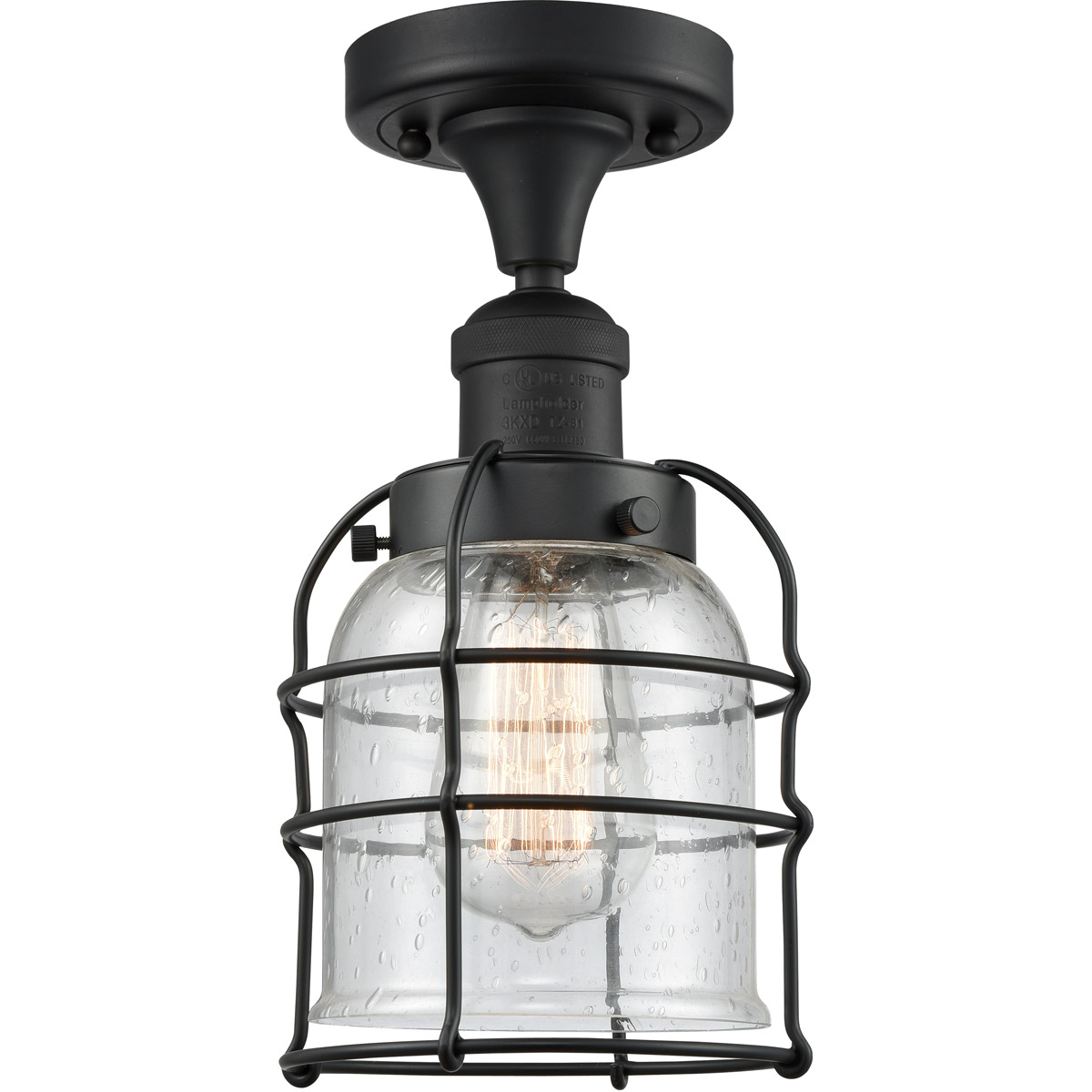 Franklin Restoration Small Bell Cage LED 5 inch Black Antique Brass Semi-Flush Mount Ceiling Light in Seedy Glass, Franklin Restoration