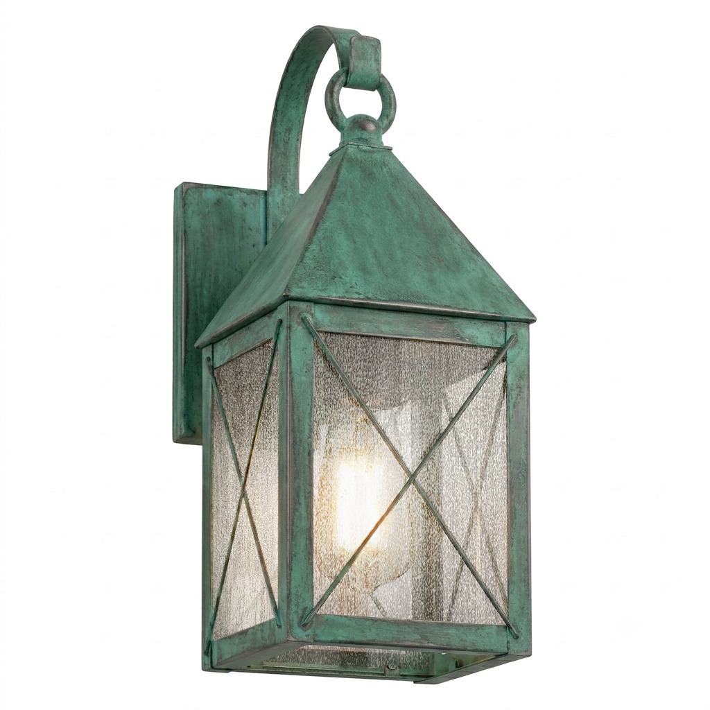 Ashford 1 Light 12.88 inch Verde Green Outdoor Sconce in Seedy Glass, X Wire Pattern, Brass Traditions by Innovations Lighting