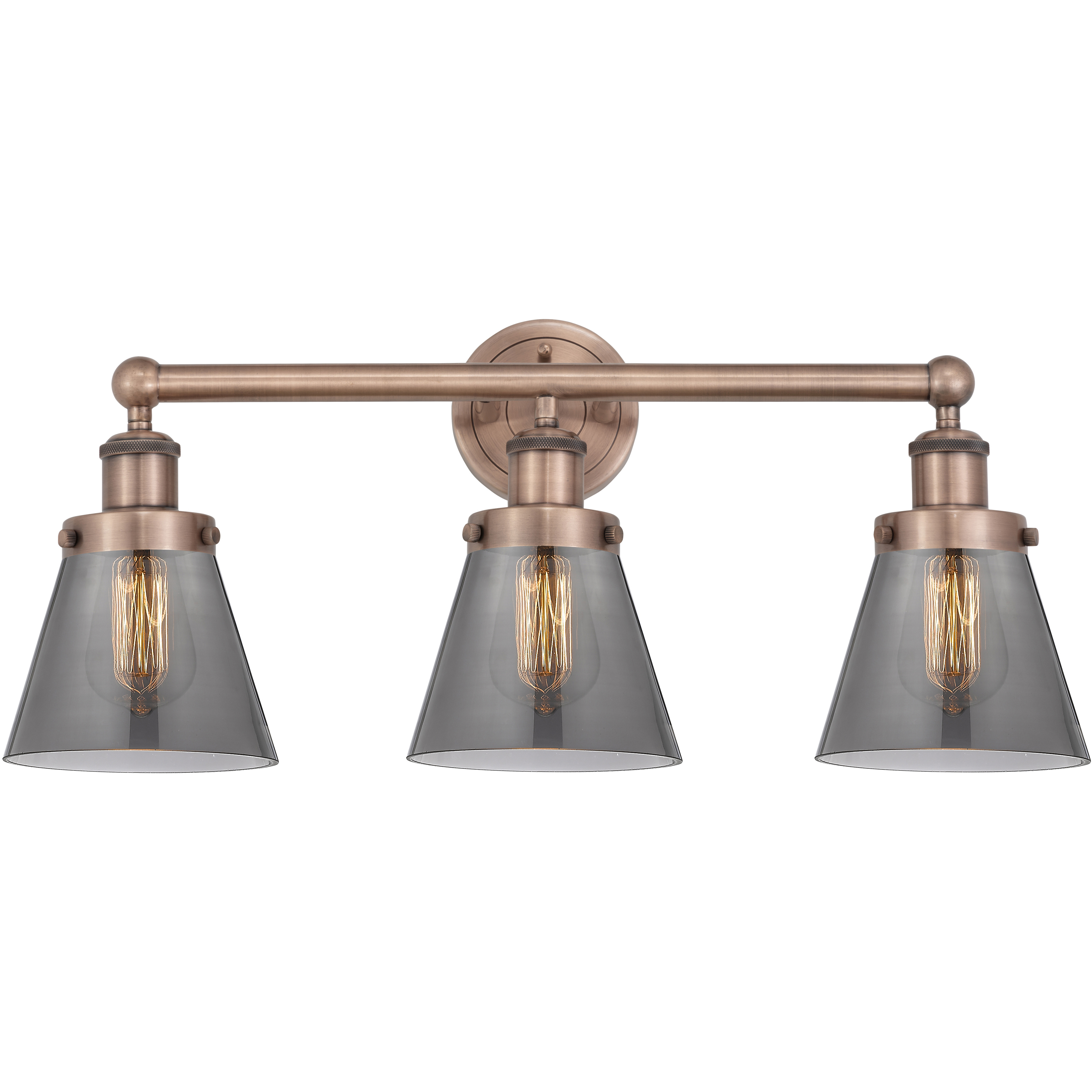 Cone 3 Light 24.5 inch Antique Copper Bath Vanity Light Wall Light in Light Smoke Glass