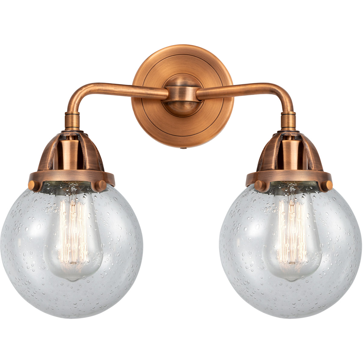 Nouveau 2 Beacon LED 14 inch Antique Copper Bath Vanity Light Wall Light in Seedy Glass
