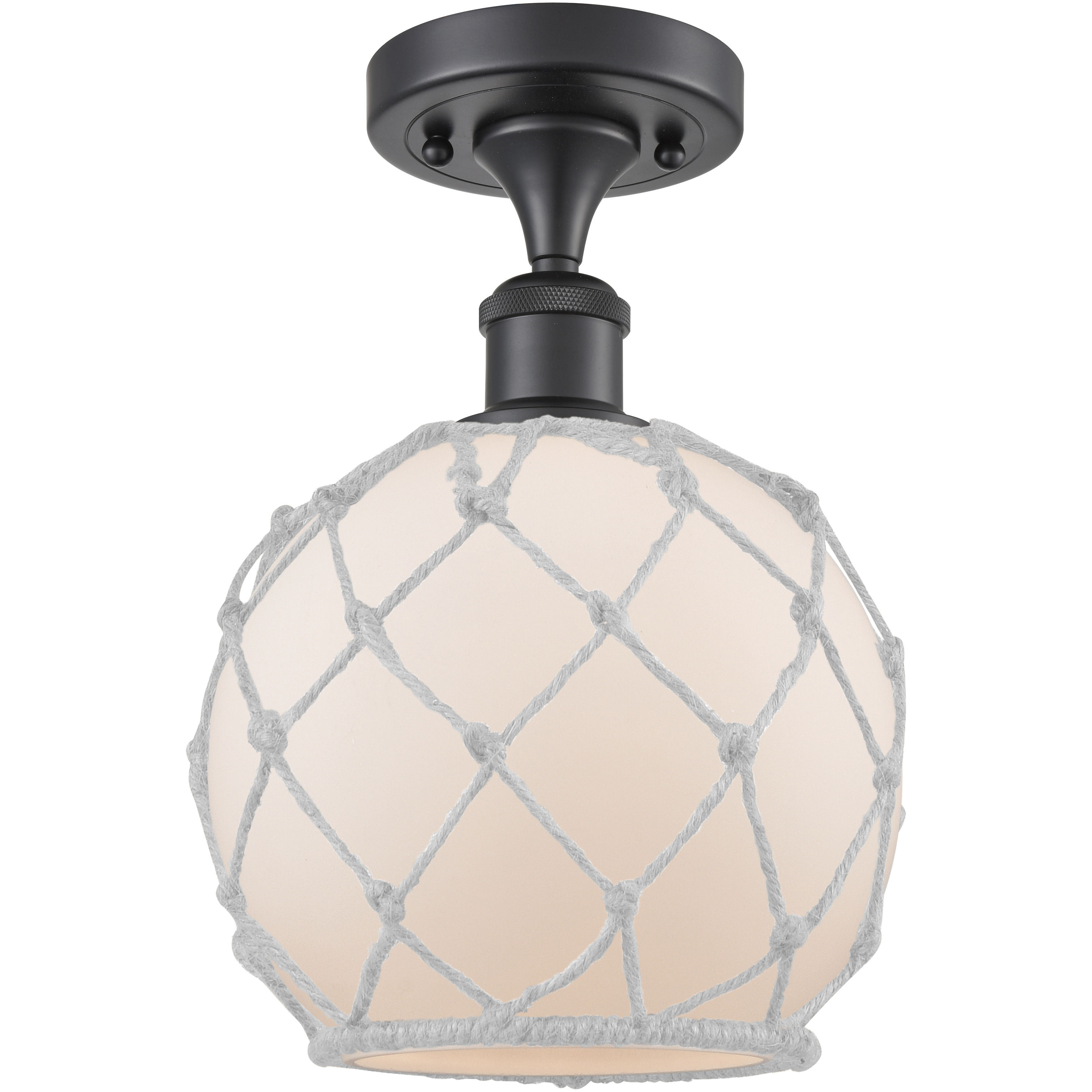 Edison Farmhouse Rope 1 Light 8 inch Matte Black Semi-Flush Mount Ceiling Light in White Glass with White Rope