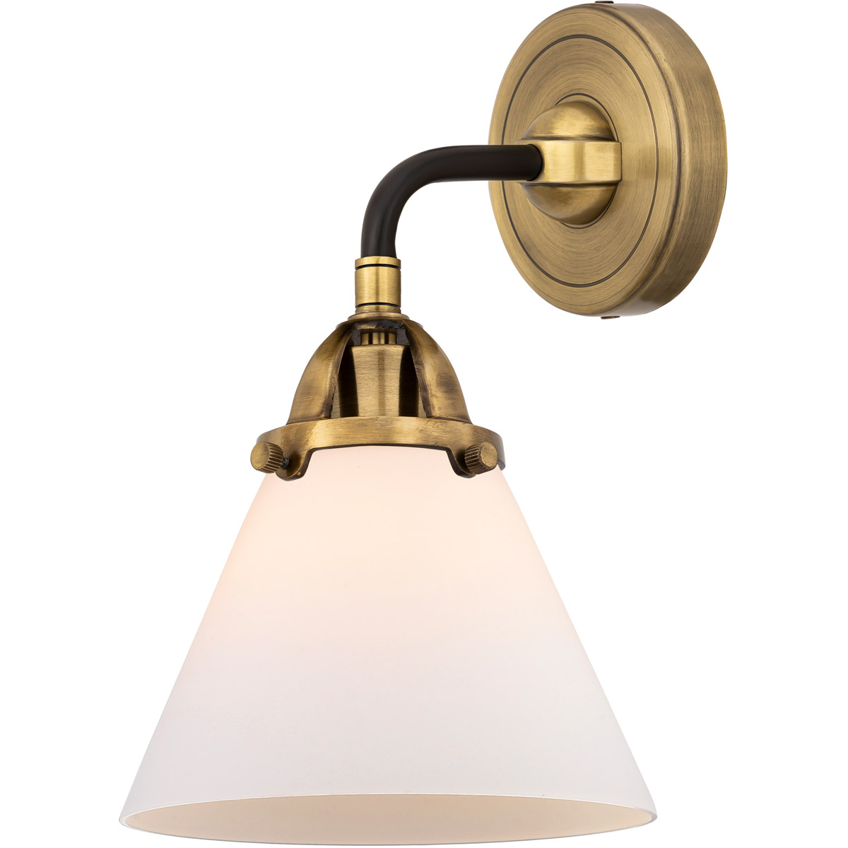 Nouveau 2 Large Cone Sconce Wall Light in Black Antique Brass, Matte White Glass