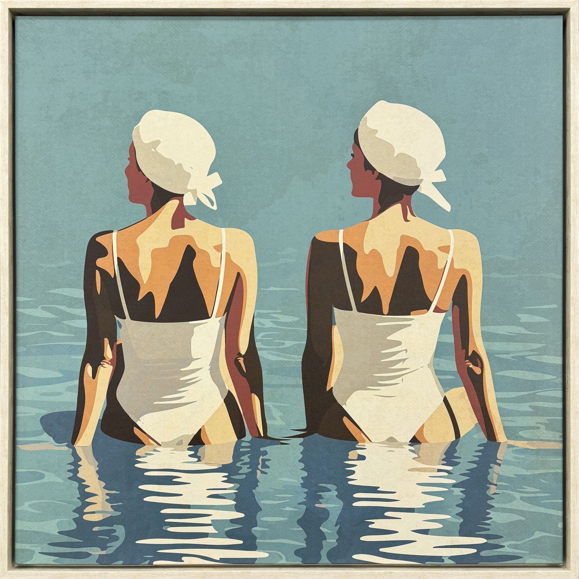 Red / Two Friends at the Beach Turquoise and Beige and Multi and Red Canvas