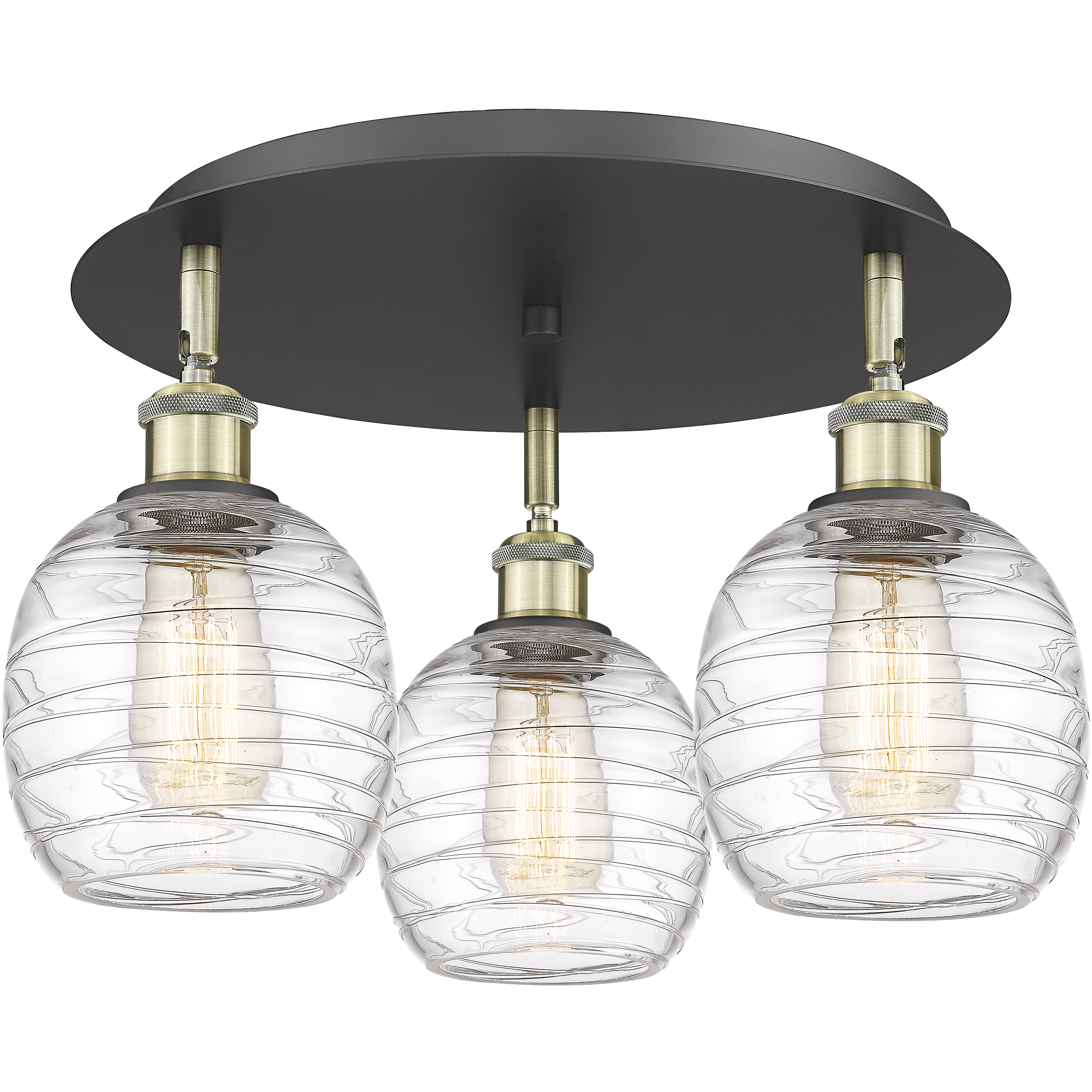 Belfast 3 Light 17.75 inch Black Antique Brass Flush Mount Ceiling Light in Deco Swirl