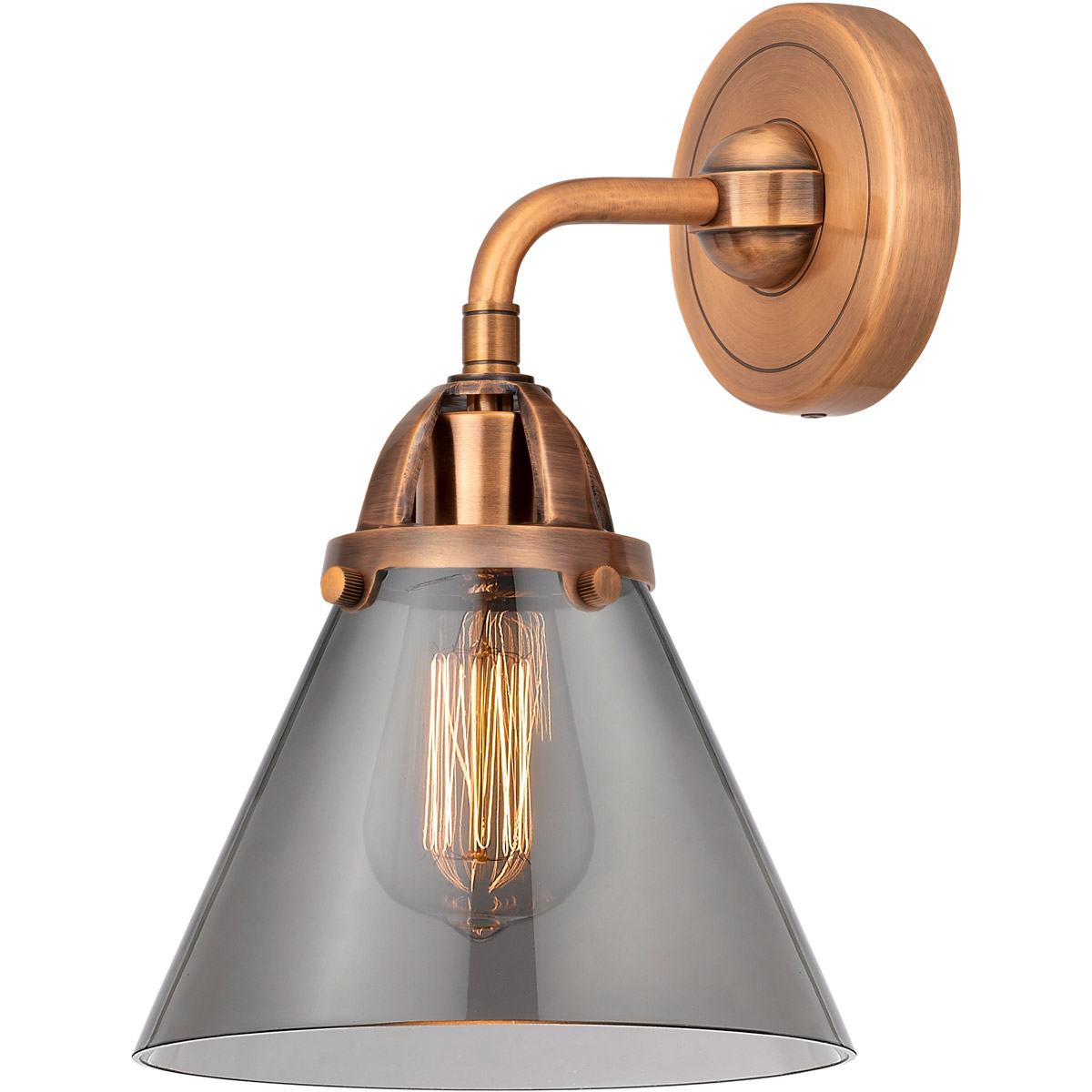 Nouveau 2 Large Cone 1 Light 7.75 inch Antique Copper Sconce Wall Light in Light Smoke Glass