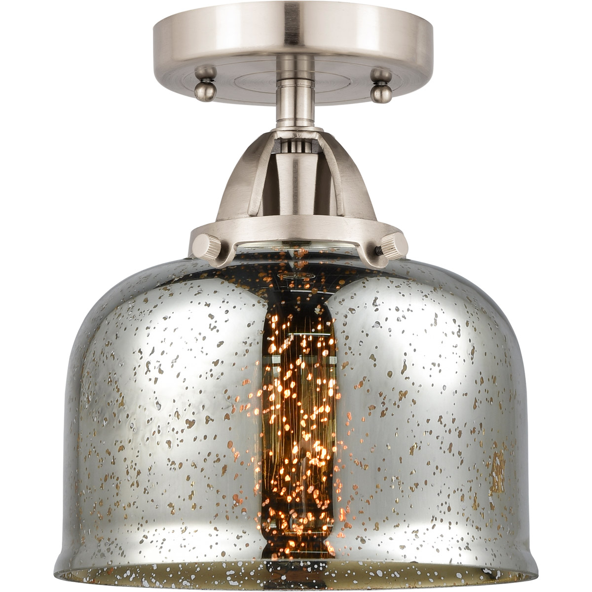 Nouveau 2 Large Bell LED 8 inch Brushed Satin Nickel Semi-Flush Mount Ceiling Light in Silver Plated Mercury Glass