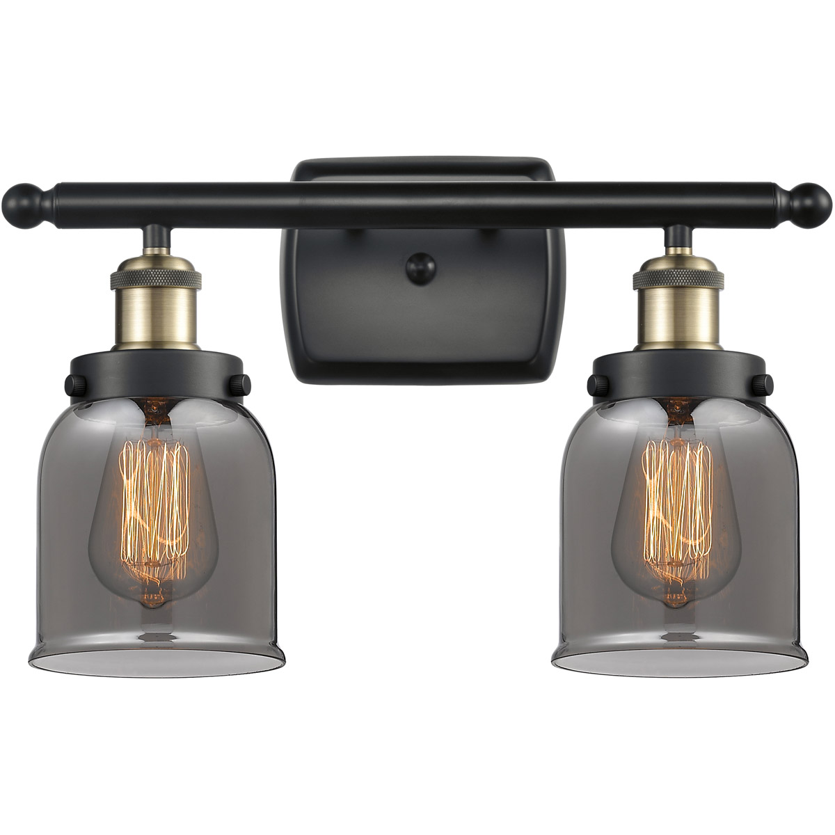 Ballston Small Bell 2 Light 16 inch Black Antique Brass Bath Vanity Light Wall Light in Plated Smoke Glass