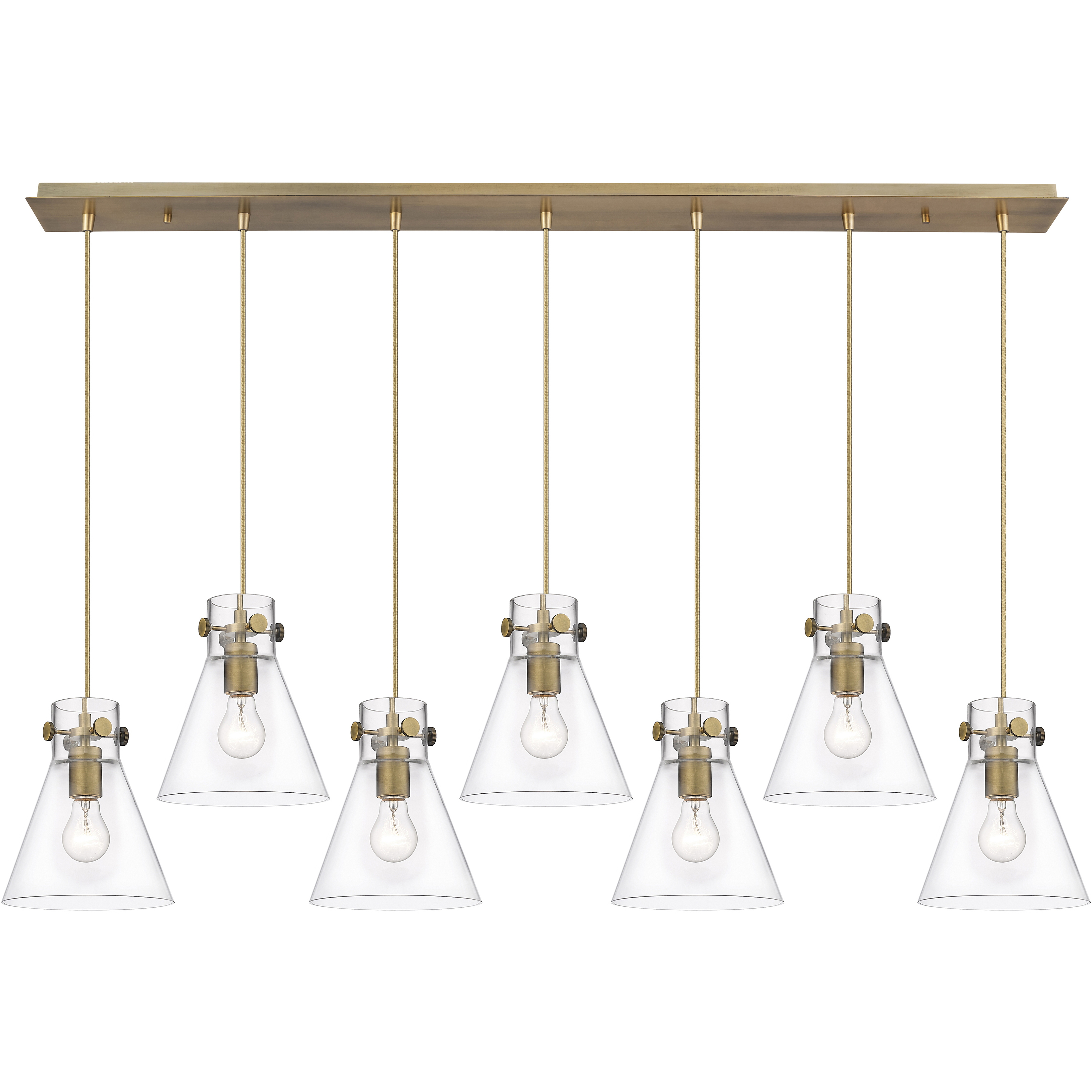 Newton Cone 7 Light 51.75 inch Brushed Brass Linear Pendant Ceiling Light in Clear Glass
