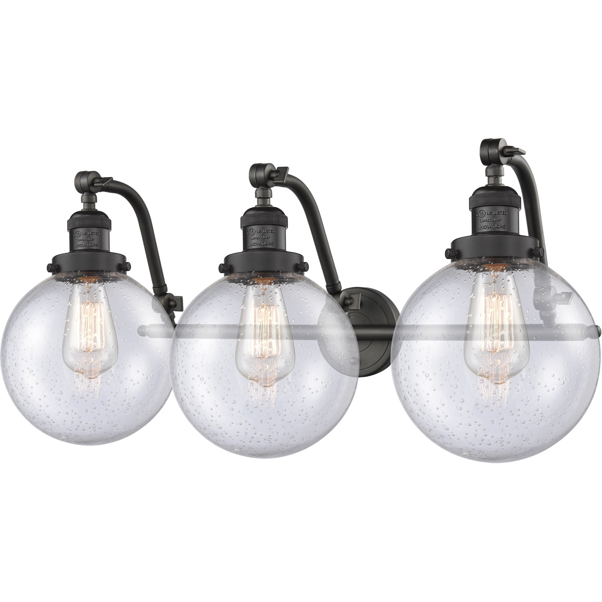 Franklin Restoration Large Beacon 3 Light 28 inch Oil Rubbed Bronze Bath Vanity Light Wall Light in Seedy Glass, Franklin Restoration