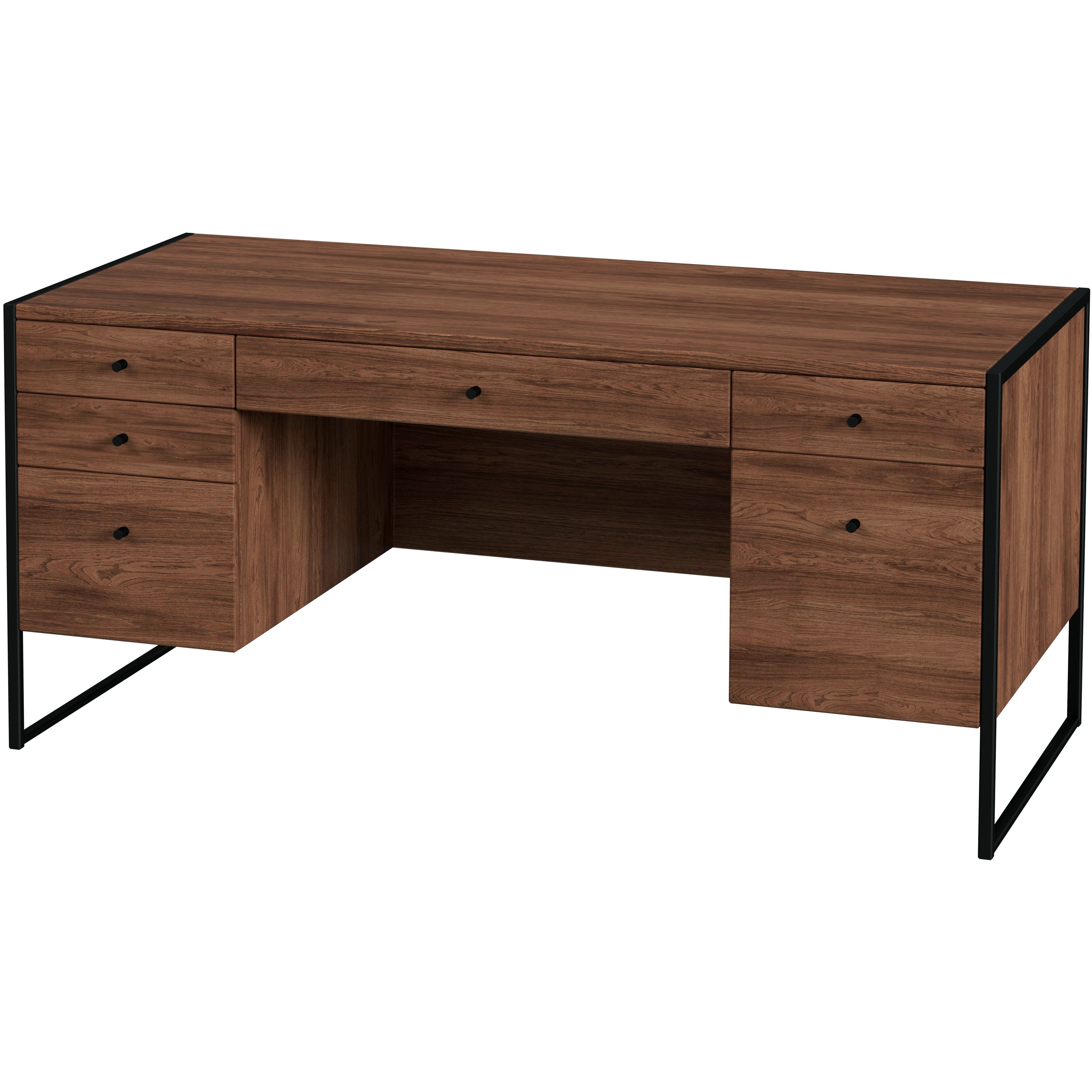 Drake 2 Drawer Iron and Wood Writing Desk in Medium Brown