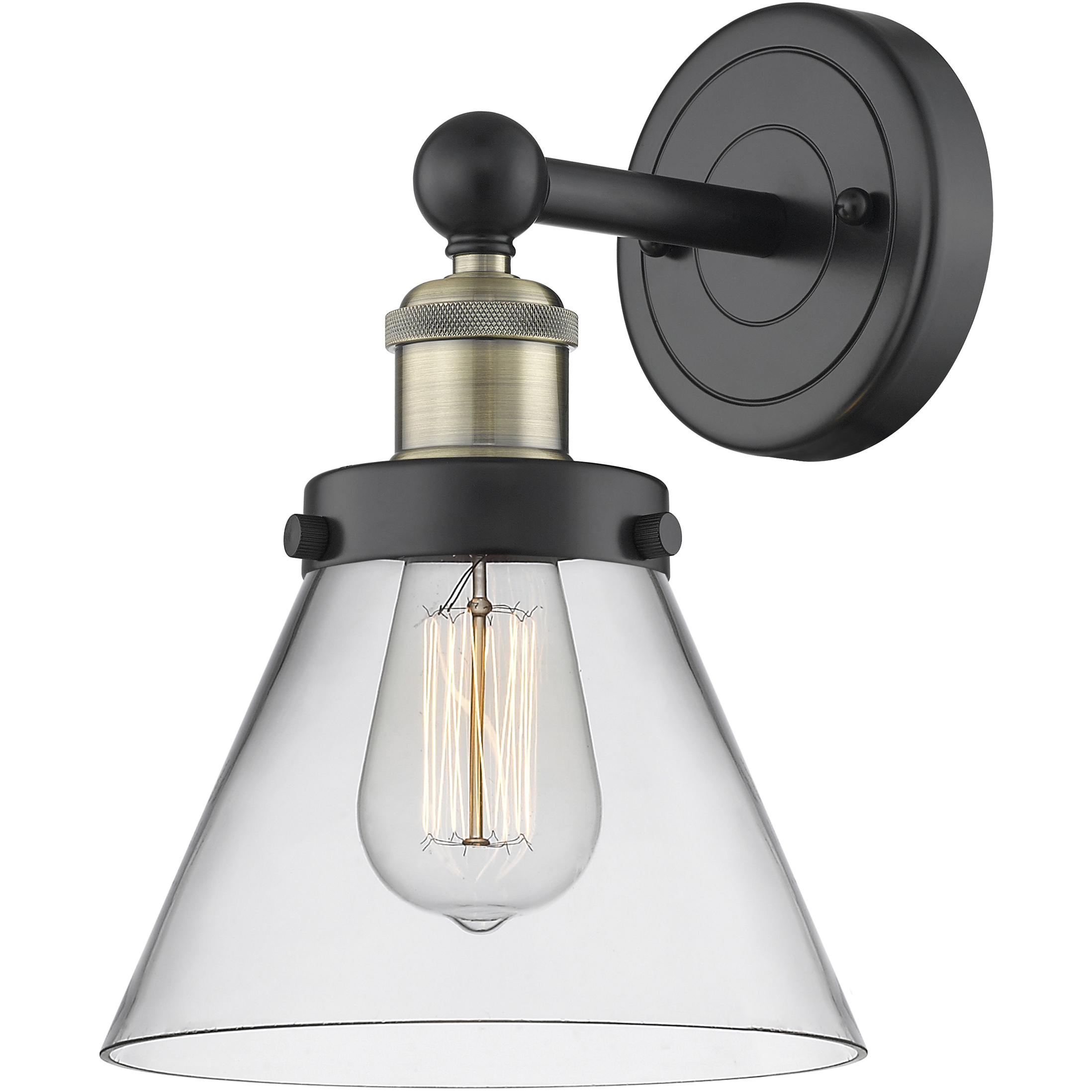 Cone Sconce Wall Light in Black Antique Brass, Clear