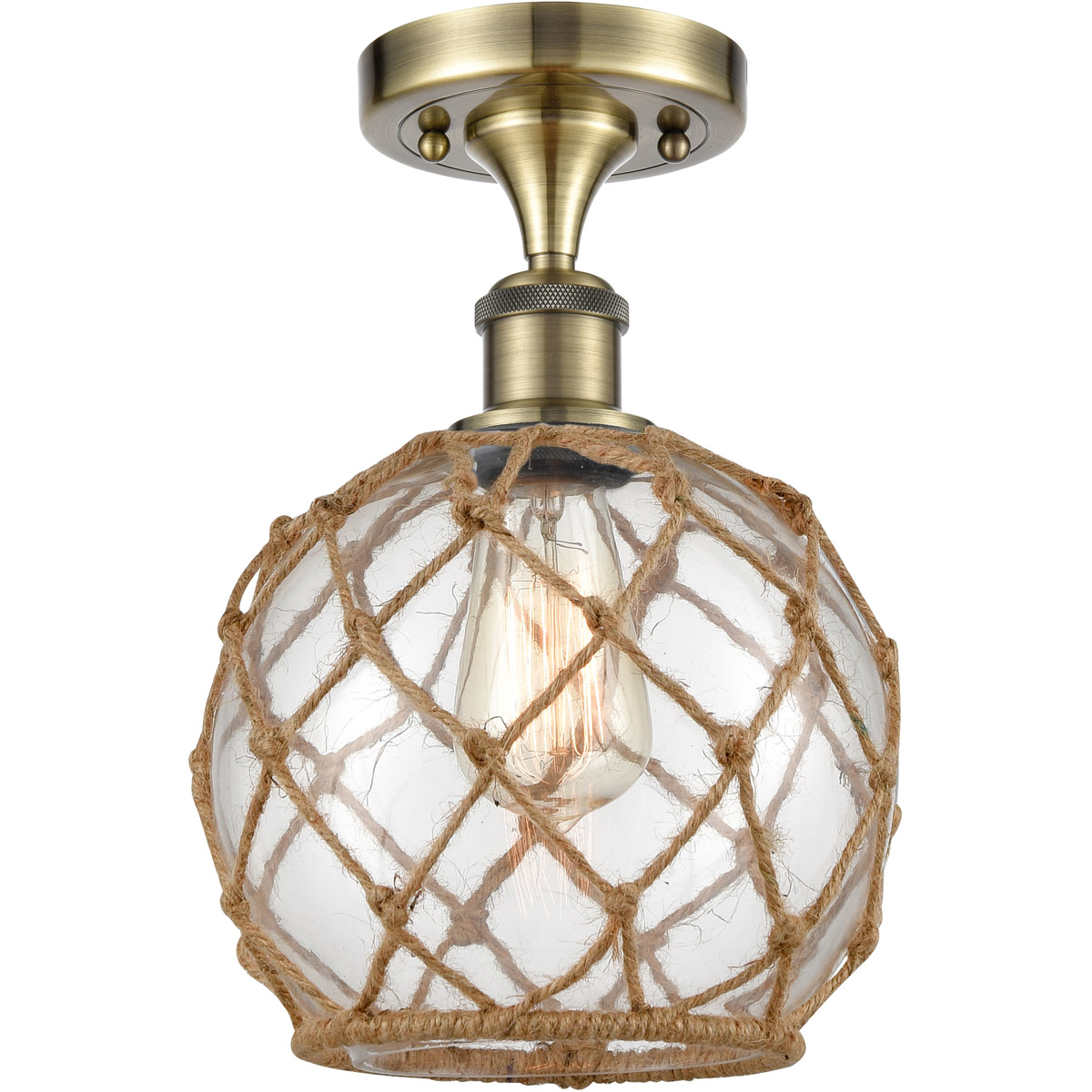 Ballston Farmhouse Rope 1 Light 8 inch Antique Brass Semi-Flush Mount Ceiling Light in Incandescent, Clear Glass with Brown Rope, Ballston