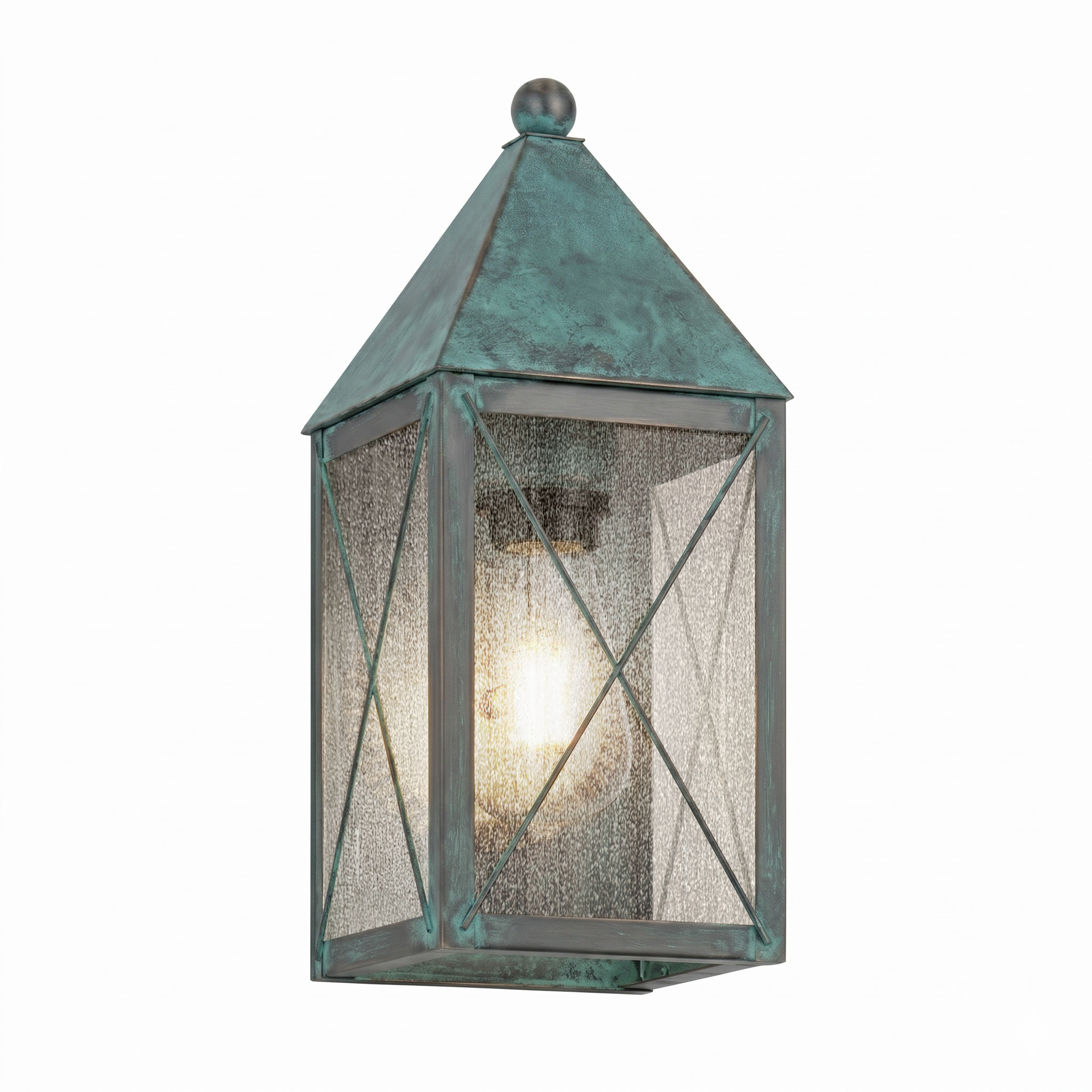 Ashford 1 Light 13.75 inch Verde Green Outdoor Sconce in Seedy Glass, X Wire Pattern, Brass Traditions by Innovations Lighting