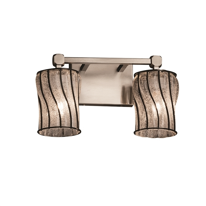 Wire Glass 2 Light 13 inch Brushed Nickel Vanity Light Wall Light in Swirl with Clear Bubbles, Cylinder with Flat Rim, Incandescent