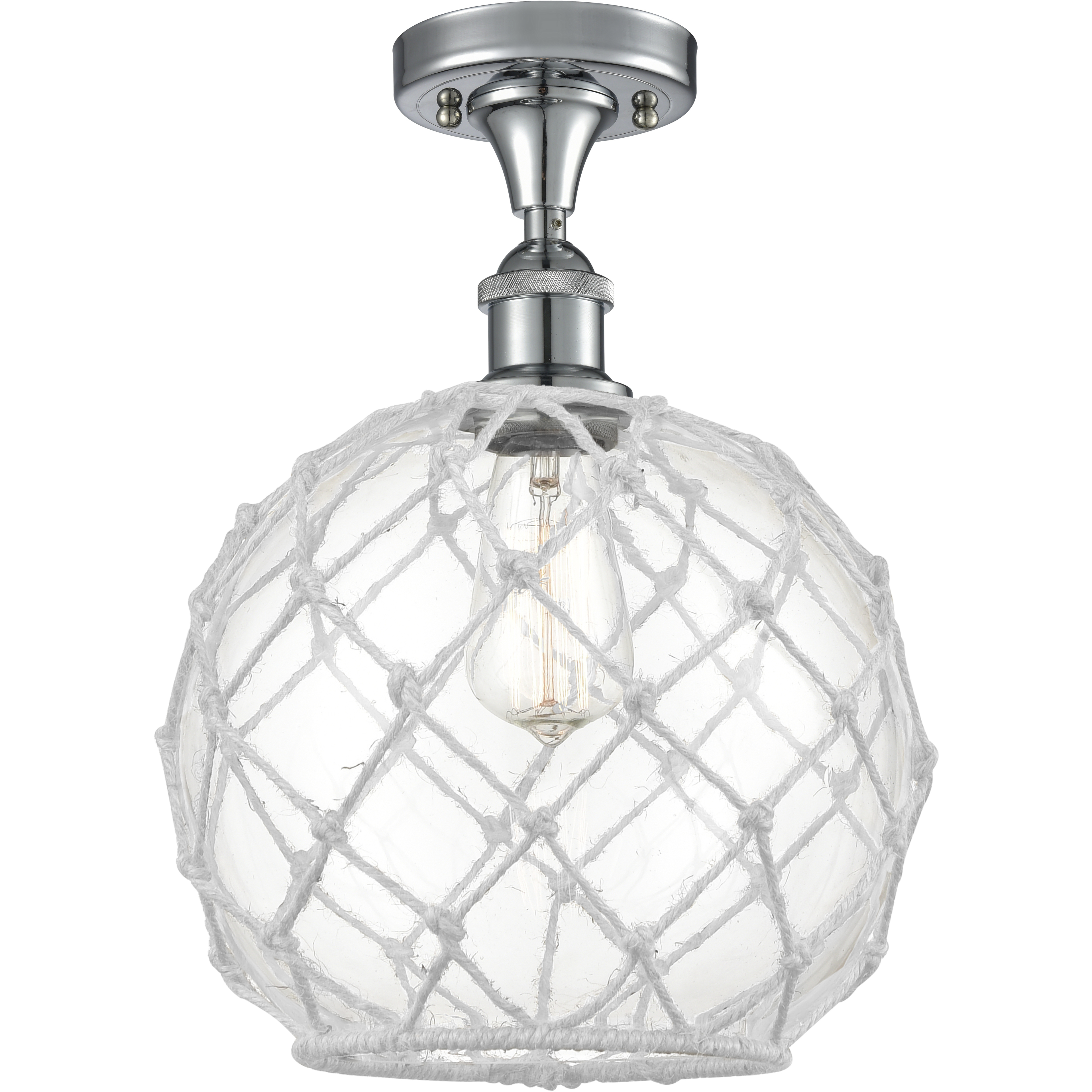 Edison Farmhouse Rope 1 Light 10 inch Polished Chrome Semi-Flush Mount Ceiling Light in Clear Glass with White Rope