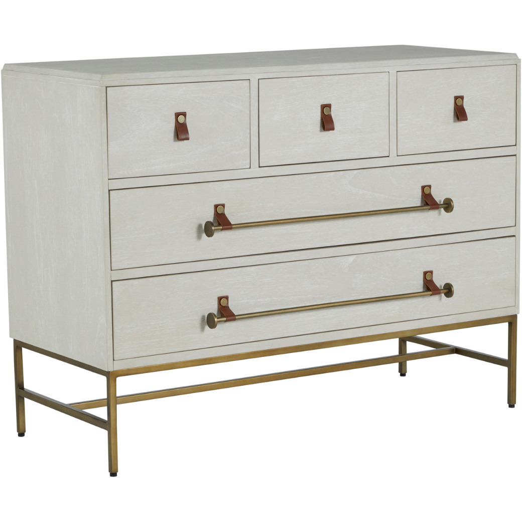 Maya Cerused White / Stained Brass / Caramel Brown Leather Dresser