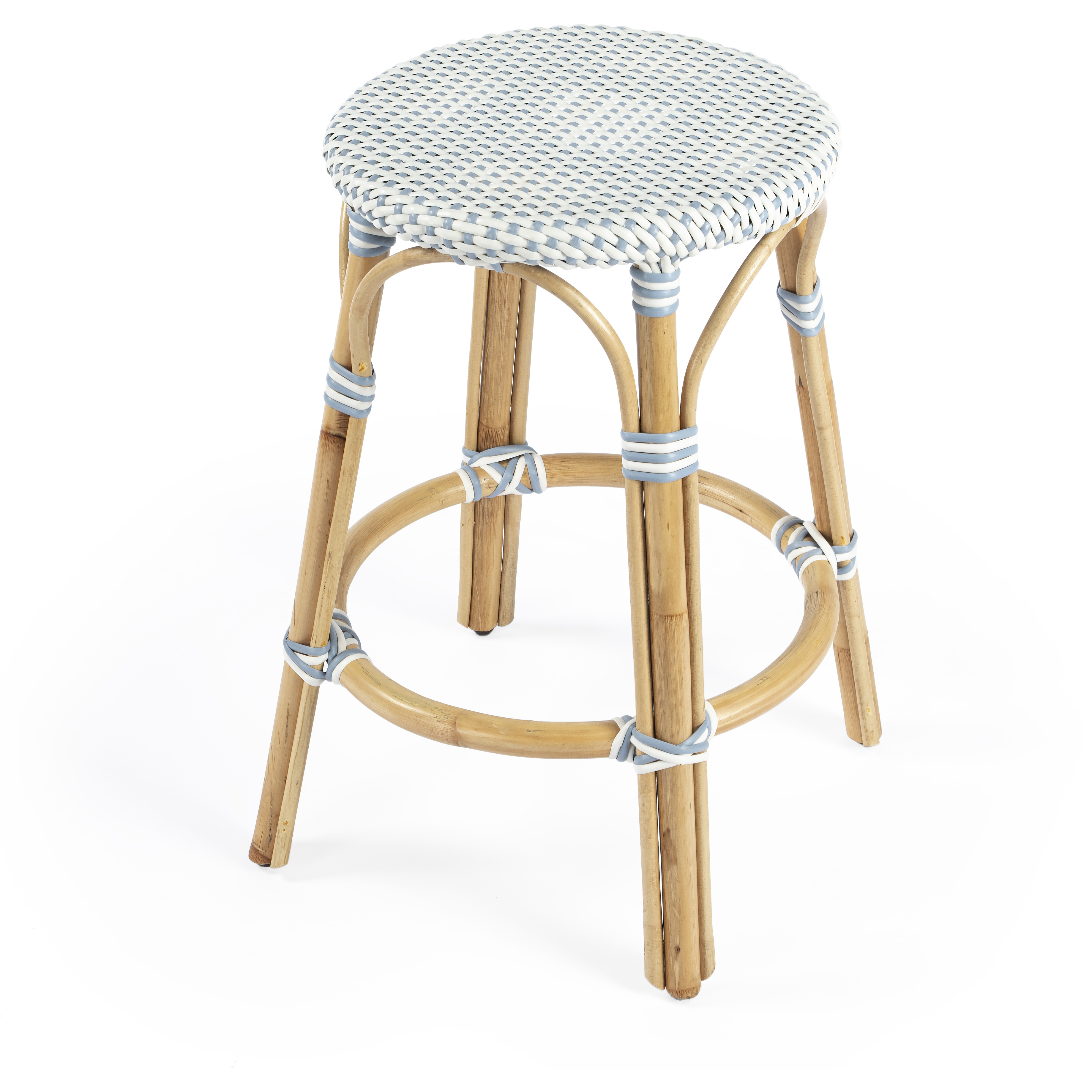 Tobias Rattan Round 24" Counter Stool in White and Sky Blue Dot