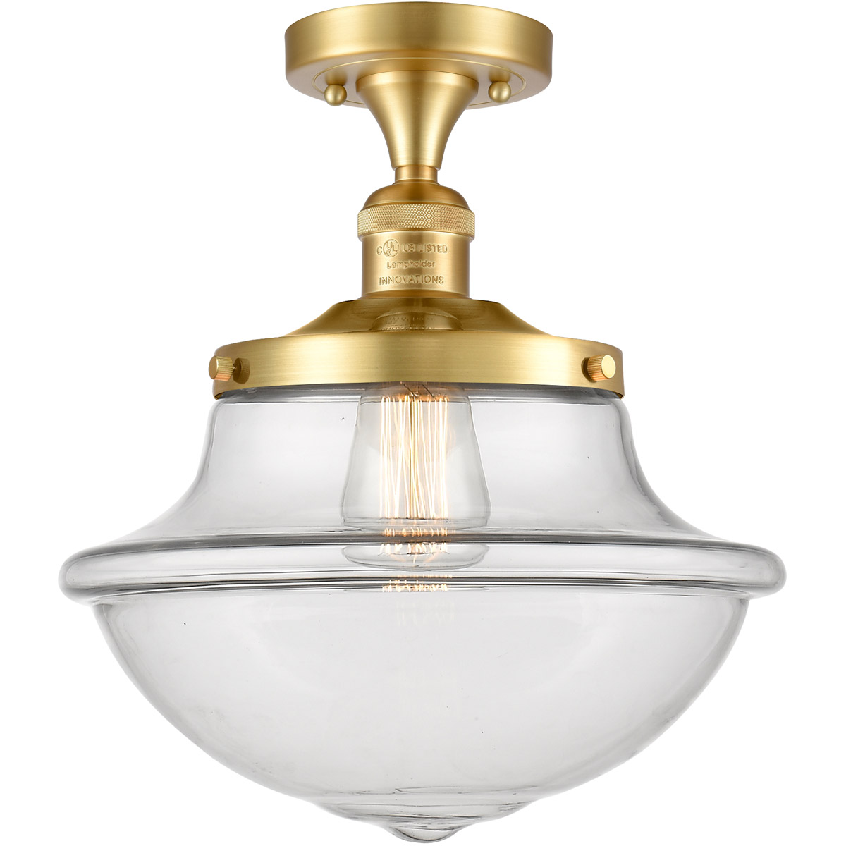 Franklin Restoration Large Oxford LED 12 inch Satin Gold Semi-Flush Mount Ceiling Light in Clear Glass, Franklin Restoration