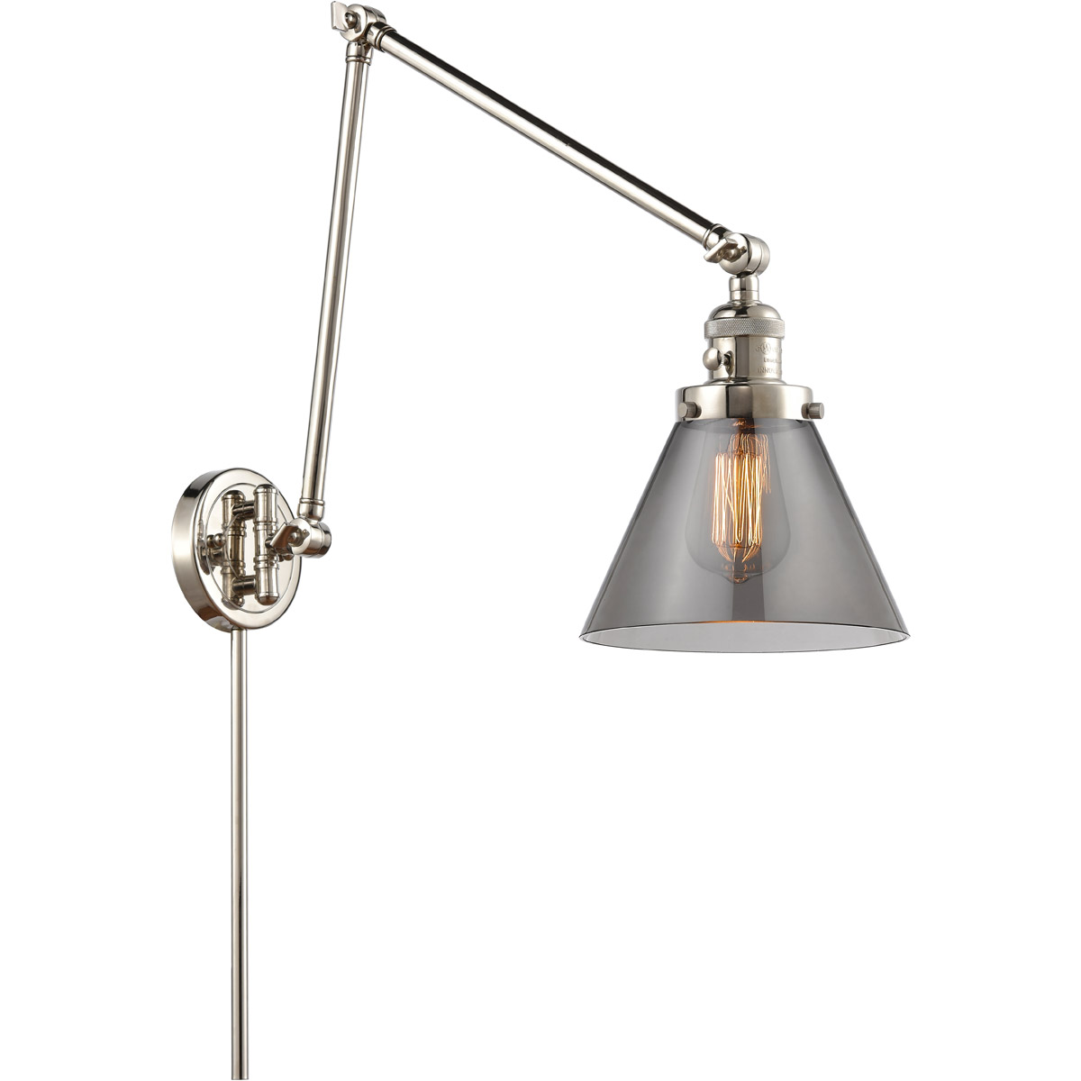 Large Cone 30 inch 60 watt Polished Nickel Swing Arm Wall Light in Light Smoke Glass, Franklin Restoration