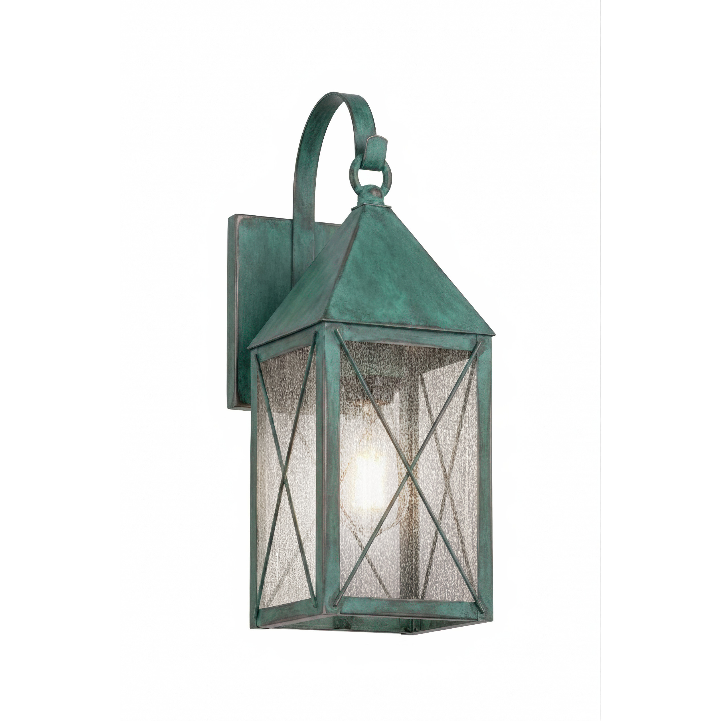 Ashford 1 Light 16.63 inch Verde Green Outdoor Sconce in Seedy Glass, X Wire Pattern, Brass Traditions by Innovations Lighting