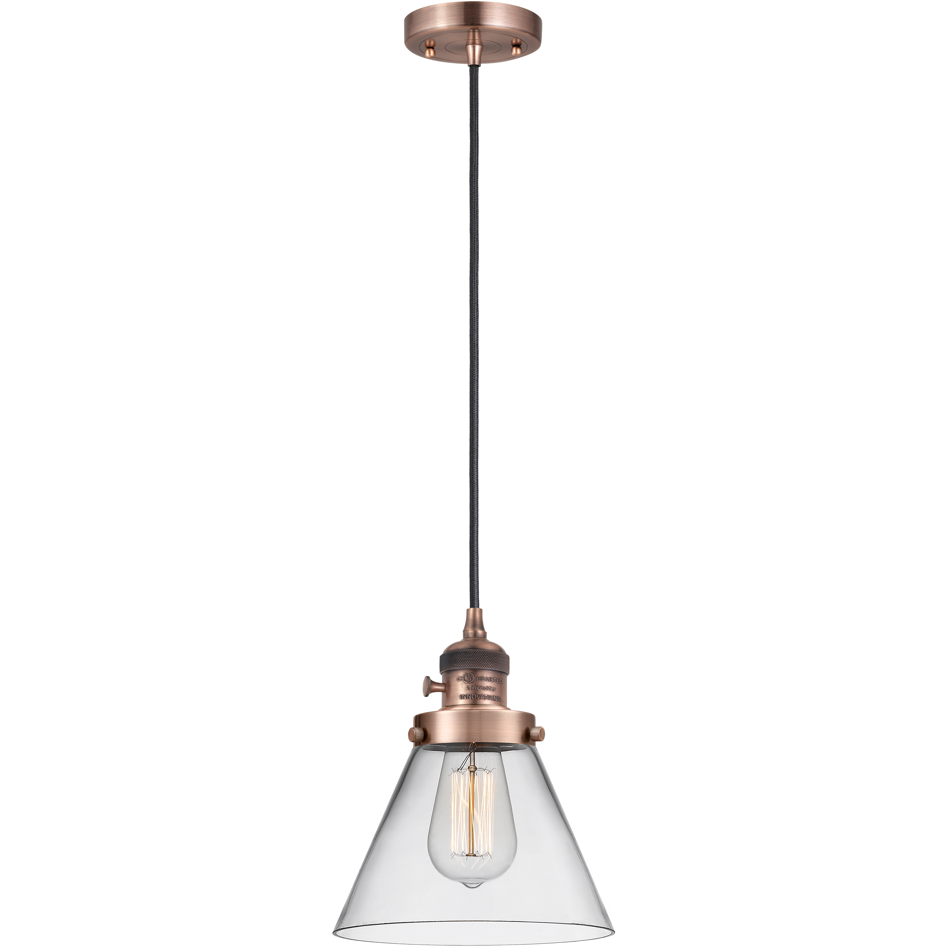 Franklin Restoration Cone 1 Light 8 inch Antique Copper Mini Pendant Ceiling Light in Incandescent, Clear