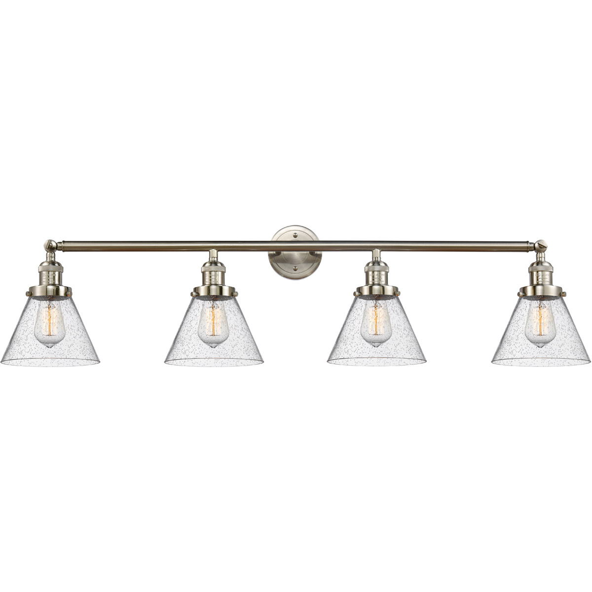 Franklin Restoration Large Cone 4 Light 44 inch Brushed Satin Nickel Bath Vanity Light Wall Light in Seedy Glass, Franklin Restoration