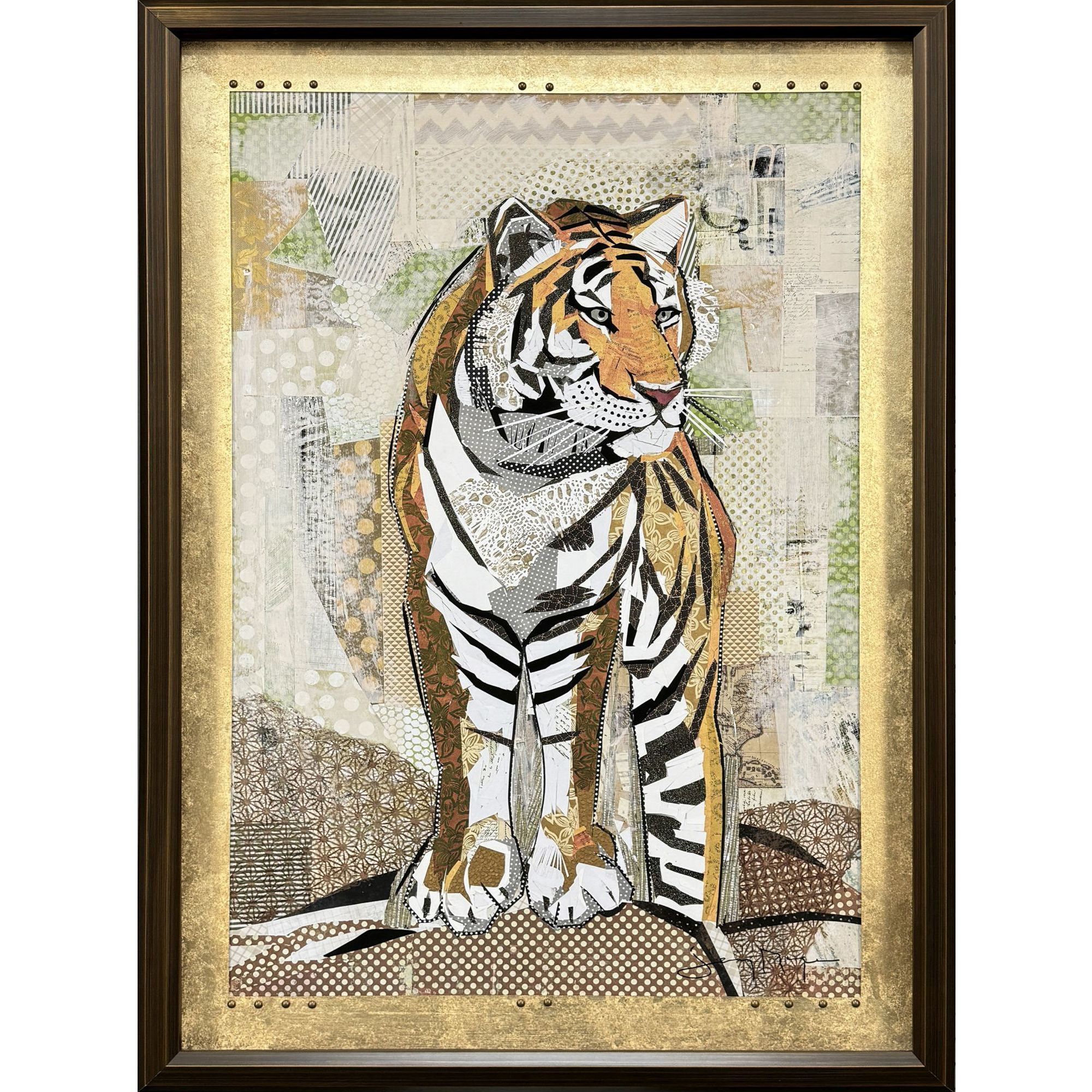 Tiger Strength Brown and Green and Metallic and Multi Framed Art