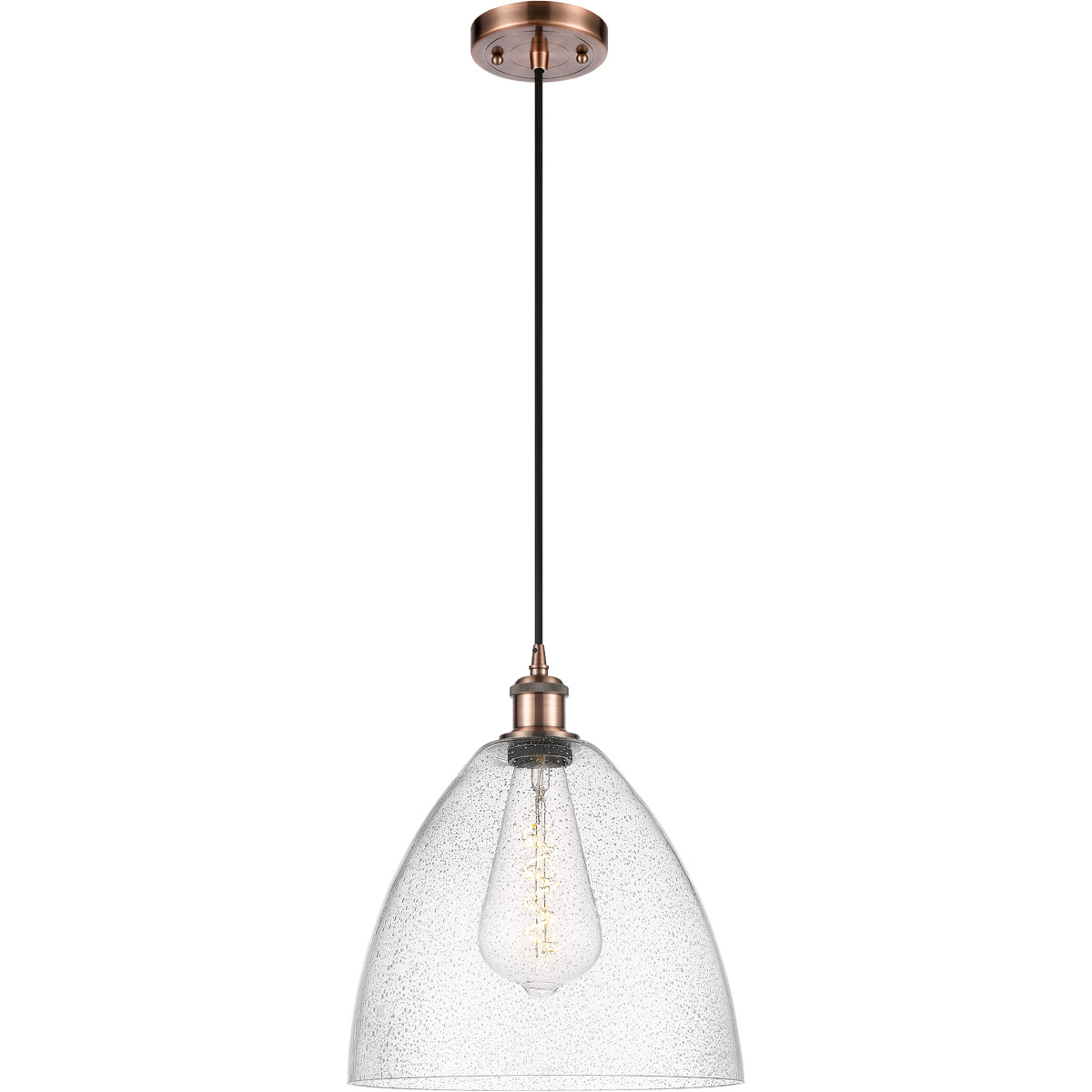 Ballston Dome LED 12 inch Antique Copper Mini Pendant Ceiling Light in Seedy Glass, Black Textured