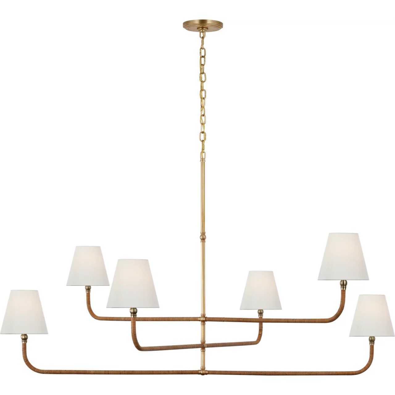 Chapman & Myers Basden LED 60 inch Antique-Burnished Brass and Natural Rattan Three Tier Chandelier Ceiling Light, Grande