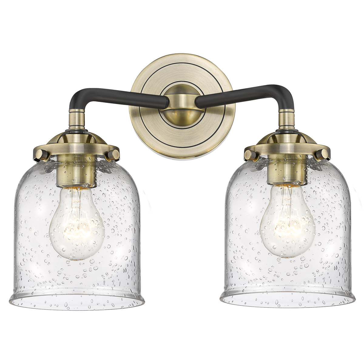 Nouveau Small Bell 2 Light 13 inch Black Antique Brass Bath Vanity Light Wall Light in Seedy Glass, Nouveau